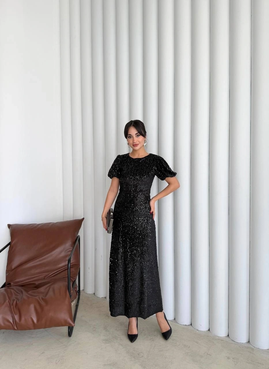 Pullaps Payetli Maxi Elbise Siyah
