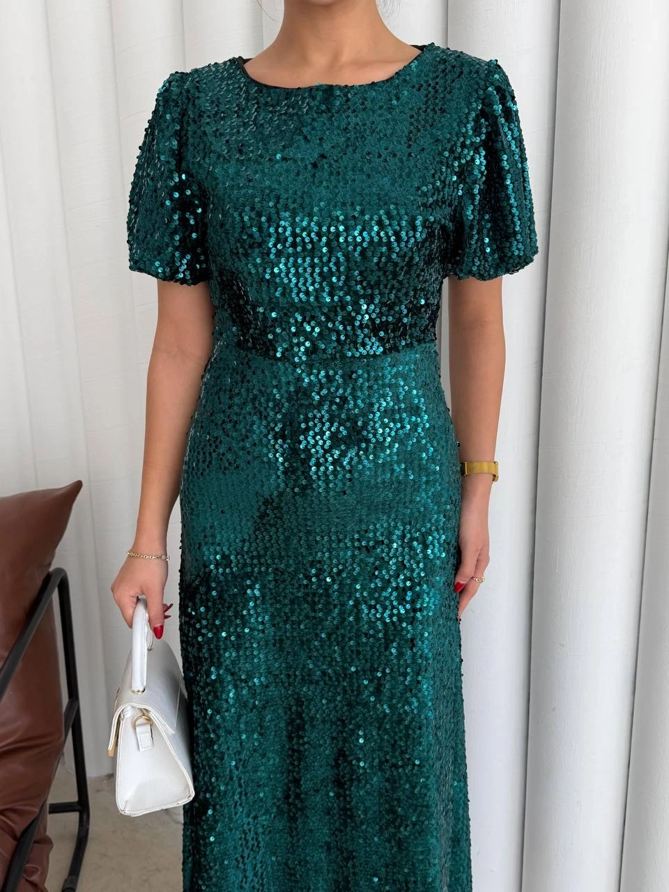 Pullaps Payetli Maxi Elbise Yeşil