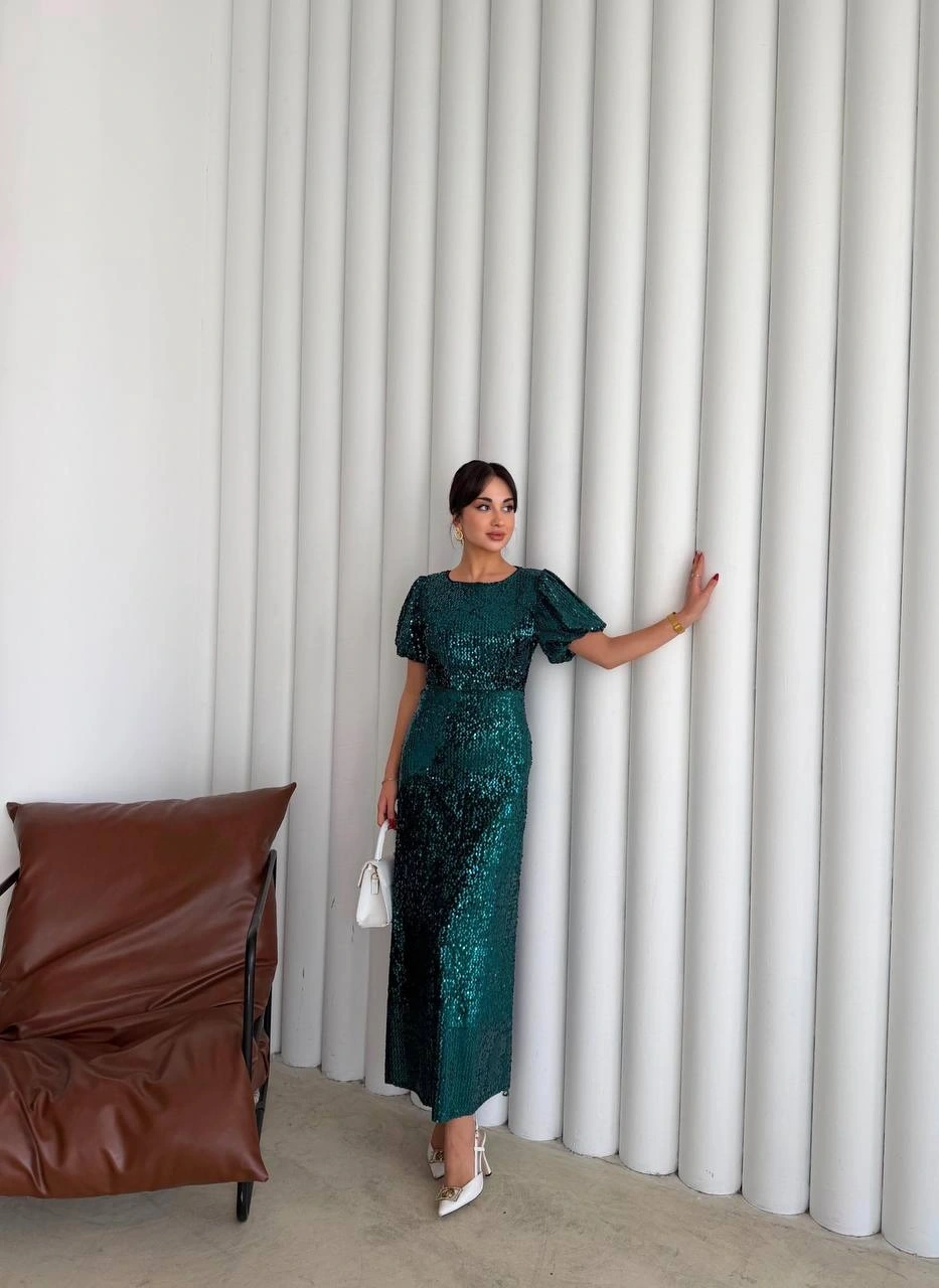 Pullaps Payetli Maxi Elbise Yeşil