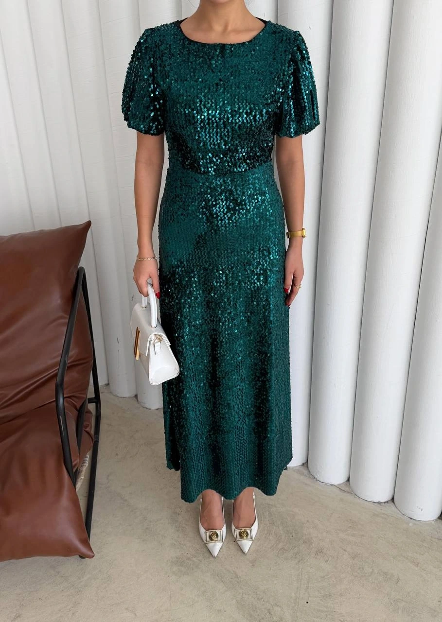 Pullaps Payetli Maxi Elbise Yeşil