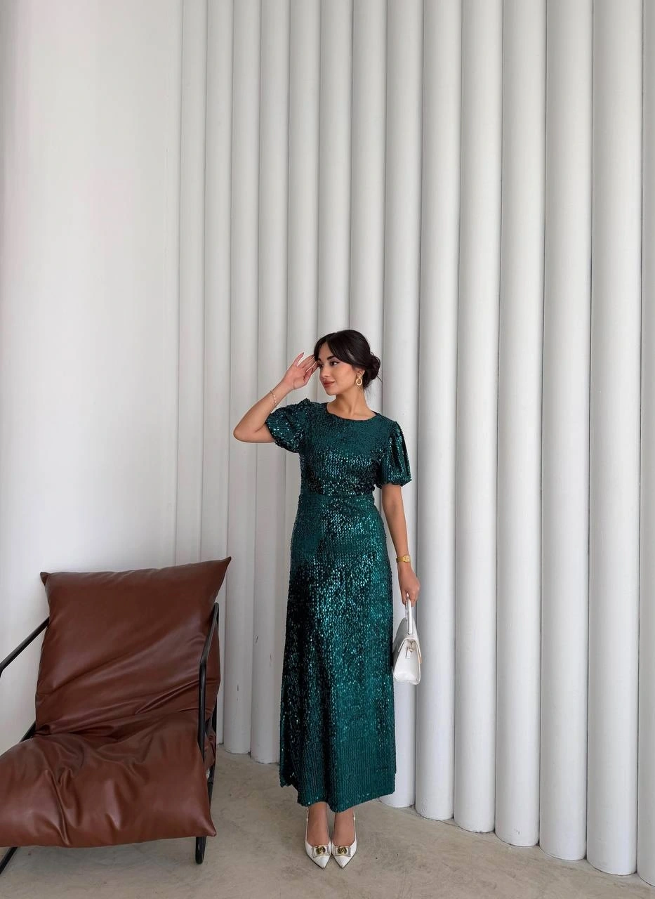 Pullaps Payetli Maxi Elbise Yeşil