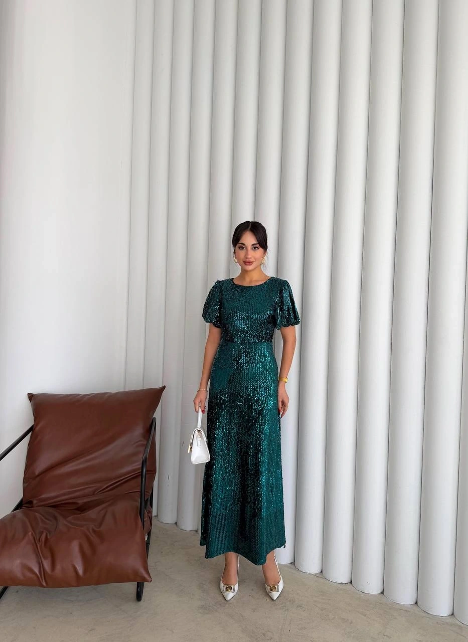 Pullaps Payetli Maxi Elbise Yeşil