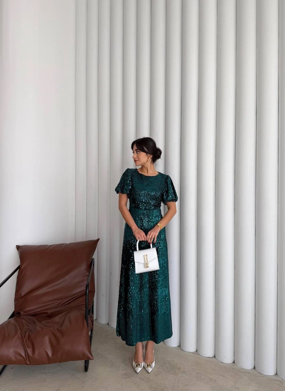 Pullaps Payetli Maxi Elbise Yeşil