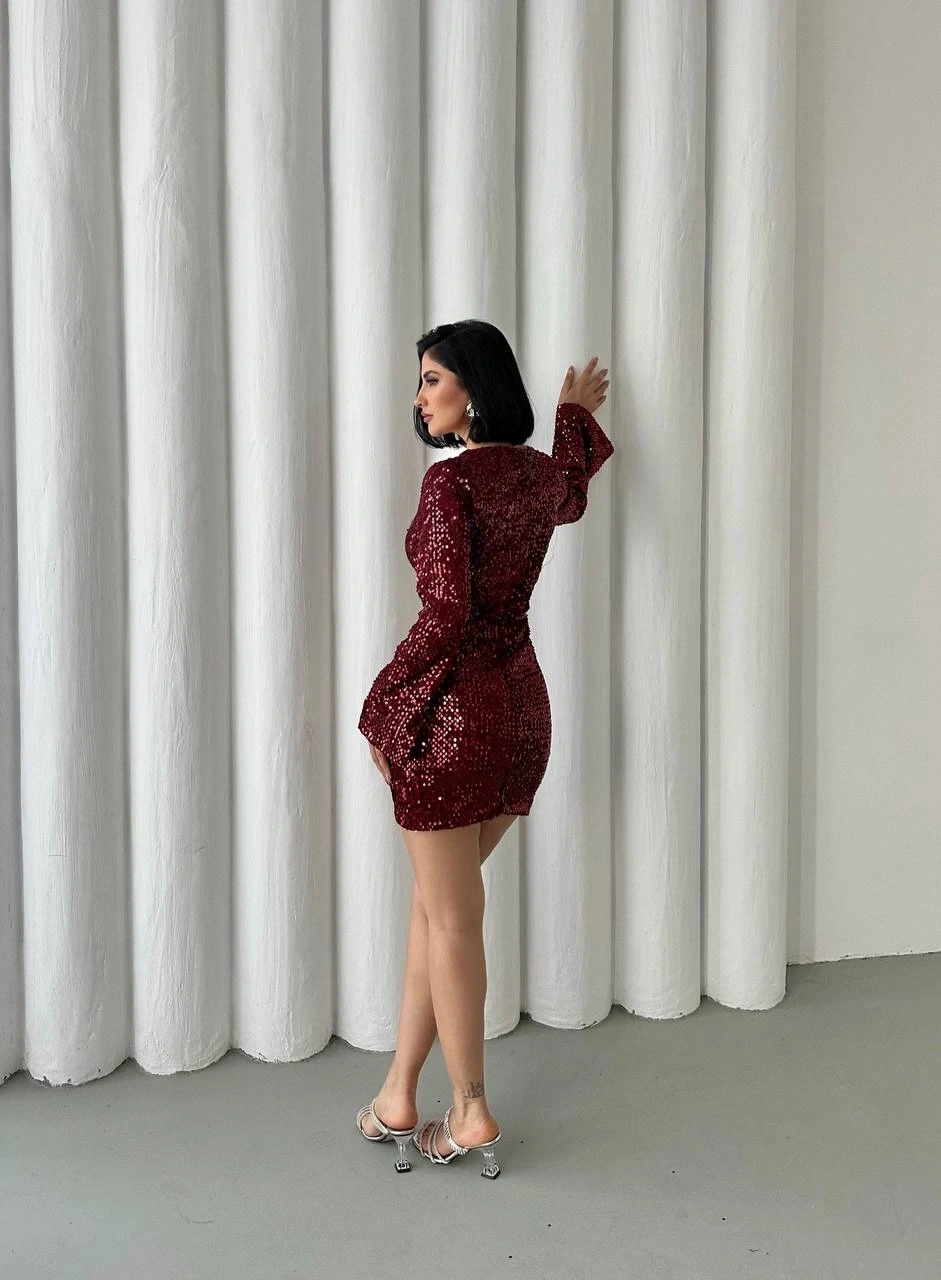 Pullaps Payetli Midi Elbise Bordo