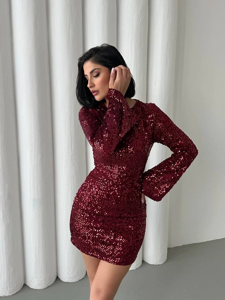 Pullaps Payetli Midi Elbise Bordo