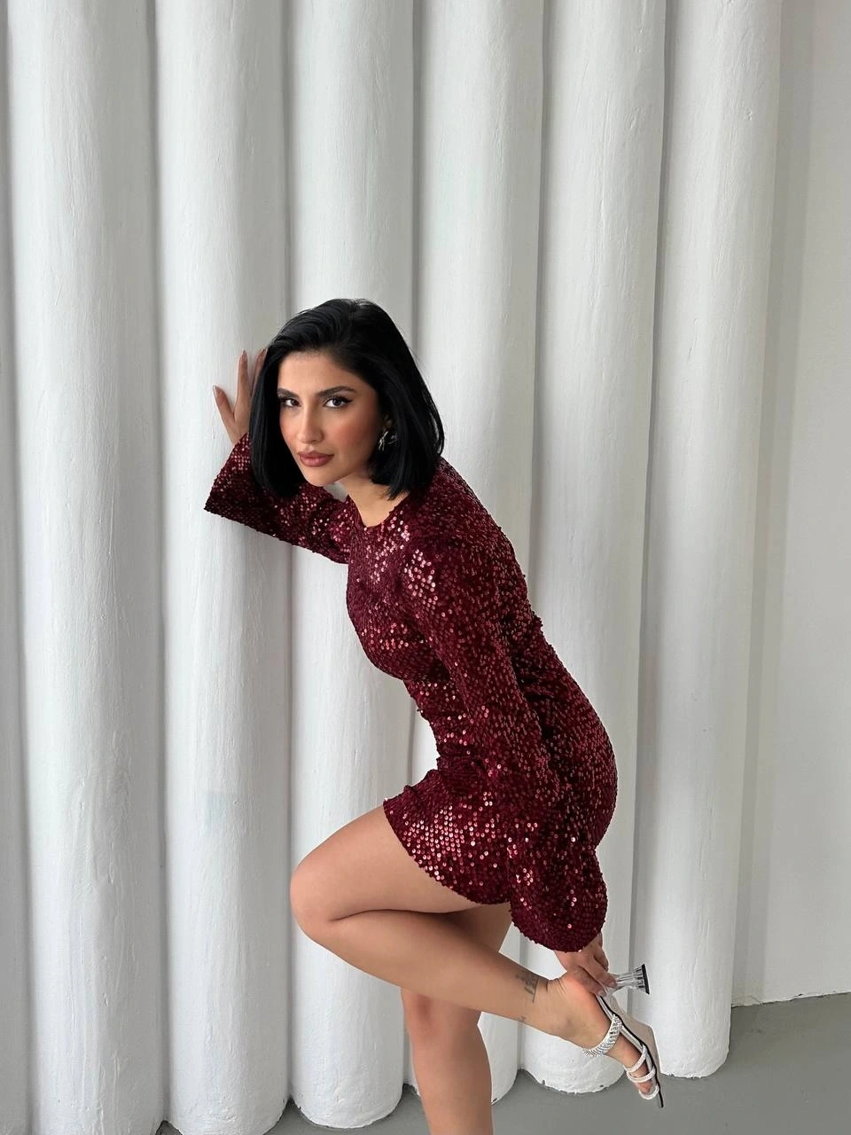 Pullaps Payetli Midi Elbise Bordo