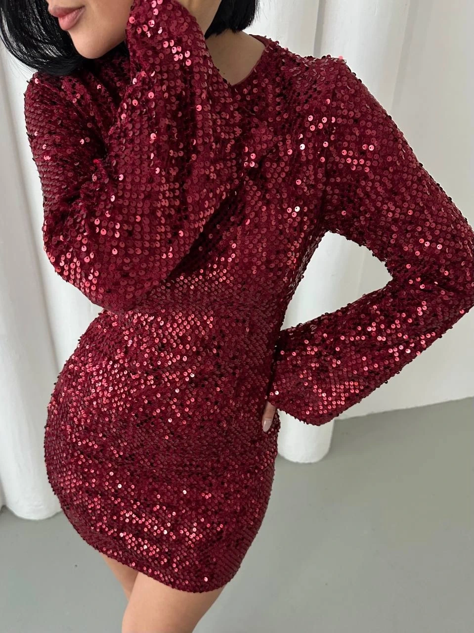 Pullaps Payetli Midi Elbise Bordo