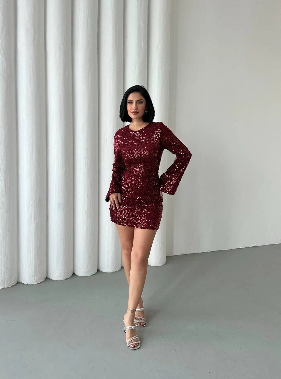 Pullaps Payetli Midi Elbise Bordo