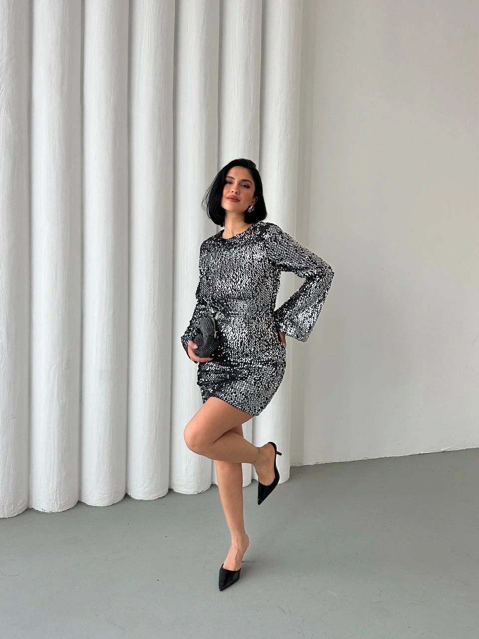 Pullaps Payetli Midi Elbise Gümüş