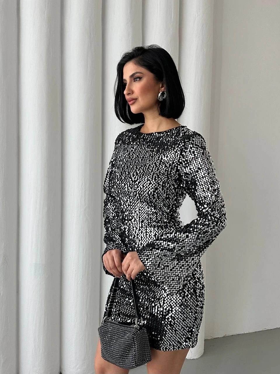 Pullaps Payetli Midi Elbise Gümüş