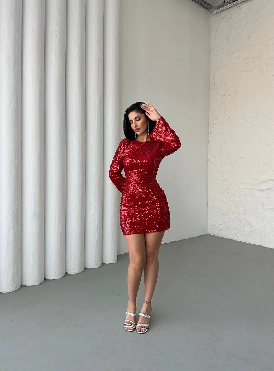 Pullaps Payetli Midi Elbise Kırmızı