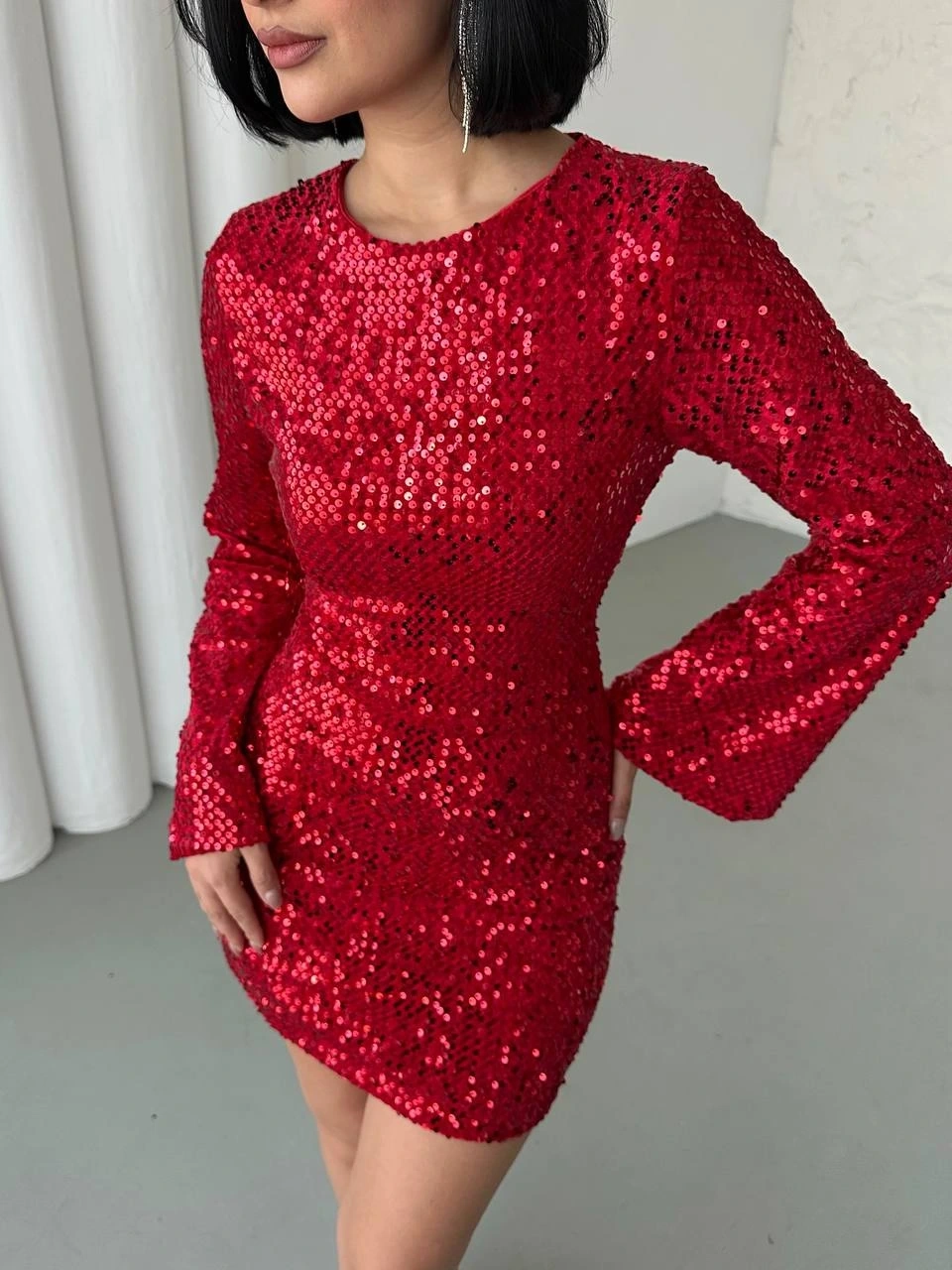 Pullaps Payetli Midi Elbise Kırmızı
