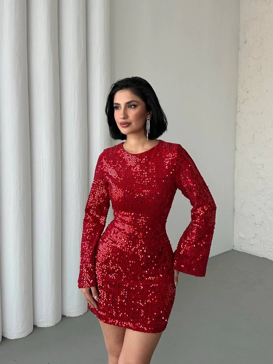 Pullaps Payetli Midi Elbise Kırmızı