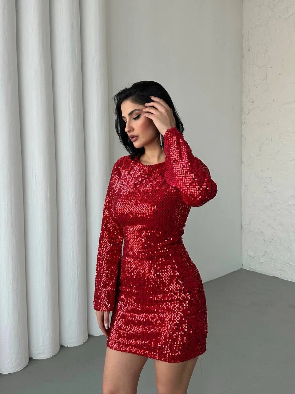 Pullaps Payetli Midi Elbise Kırmızı