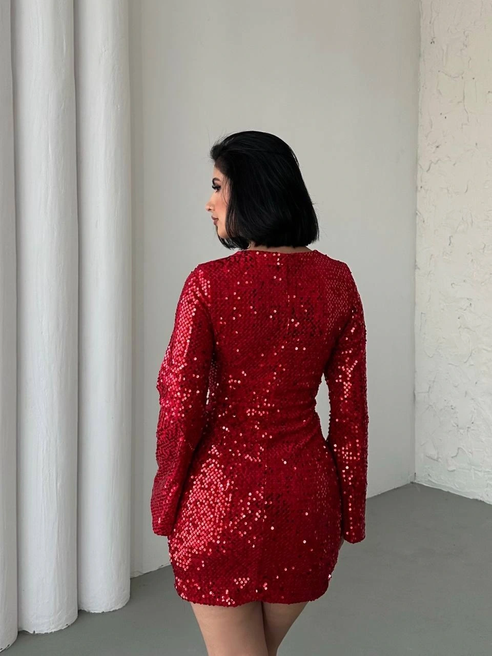 Pullaps Payetli Midi Elbise Kırmızı