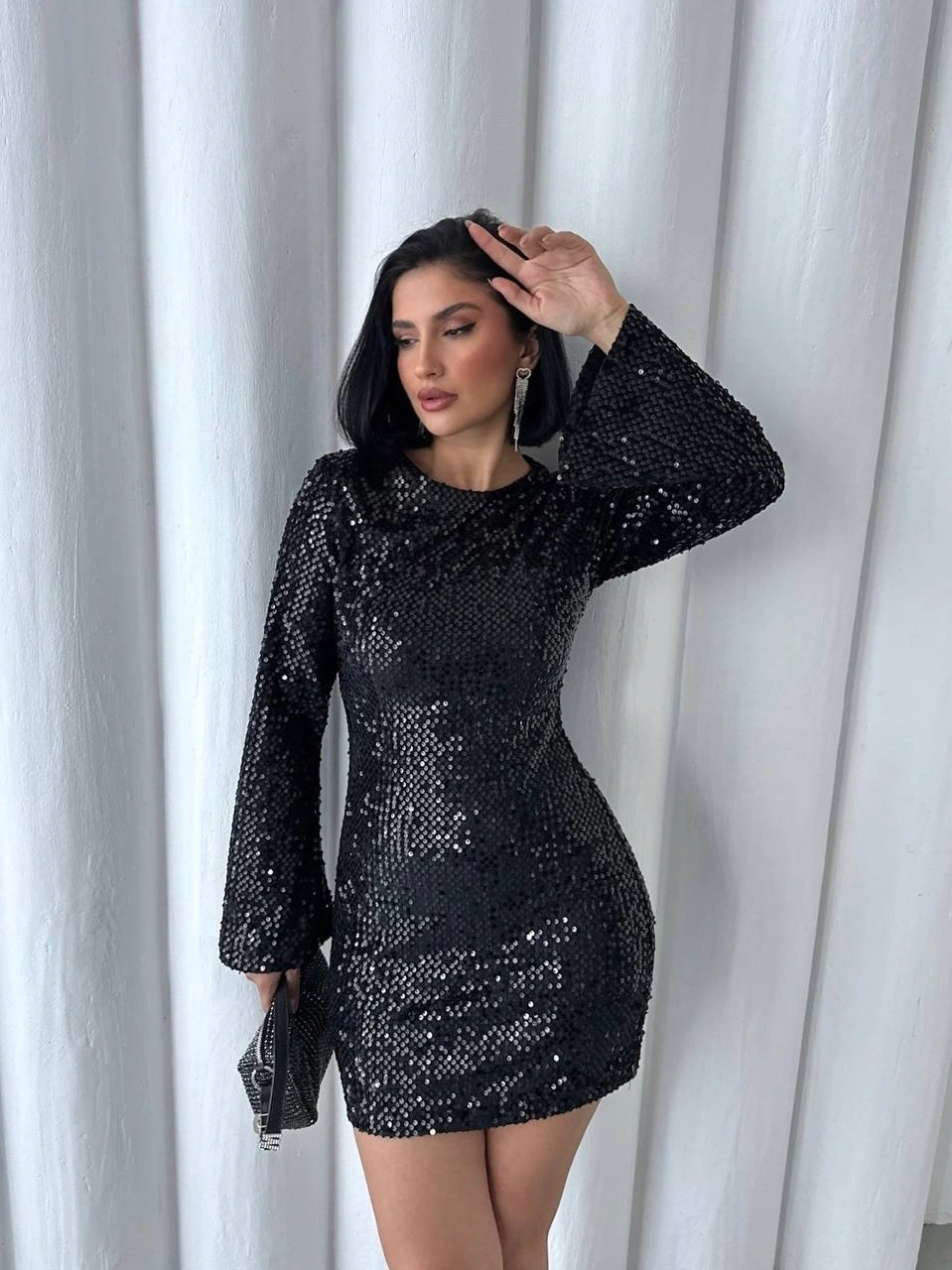 Pullaps Payetli Midi Elbise Siyah