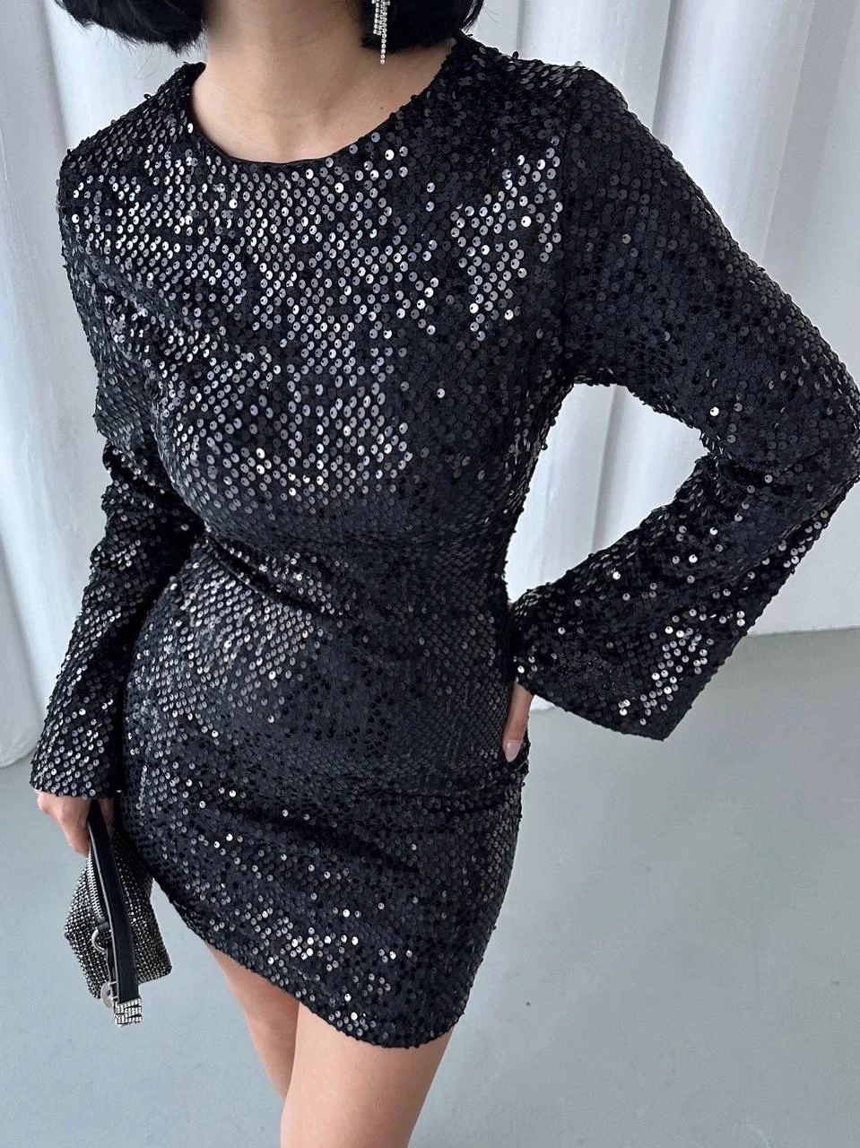 Pullaps Payetli Midi Elbise Siyah