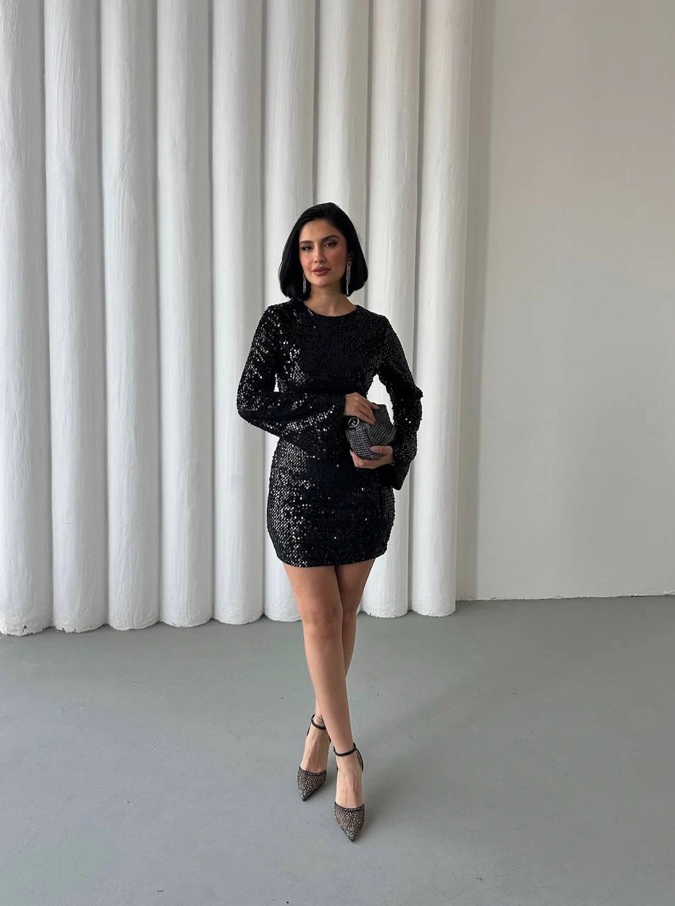 Pullaps Payetli Midi Elbise Siyah