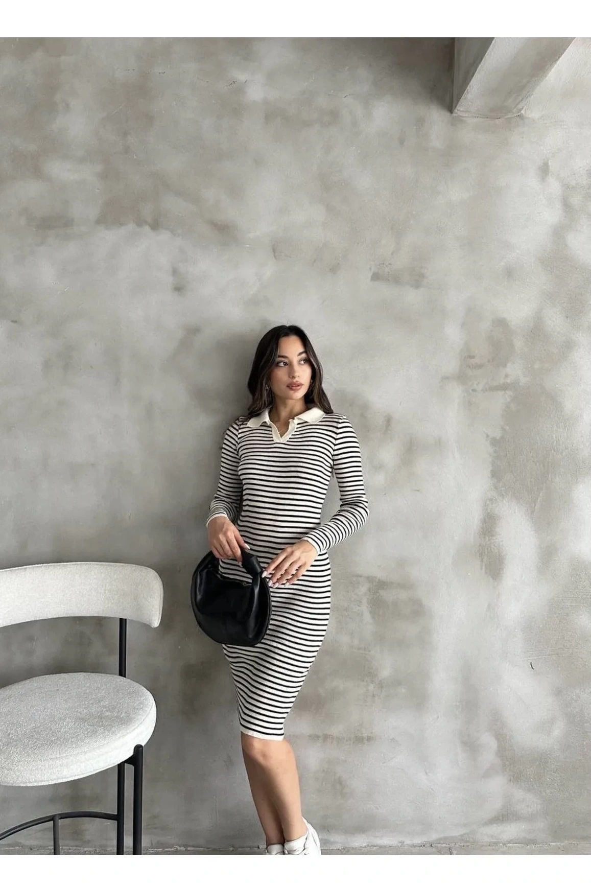 Pullaps Polo Yaka Çizgili Triko Elbise