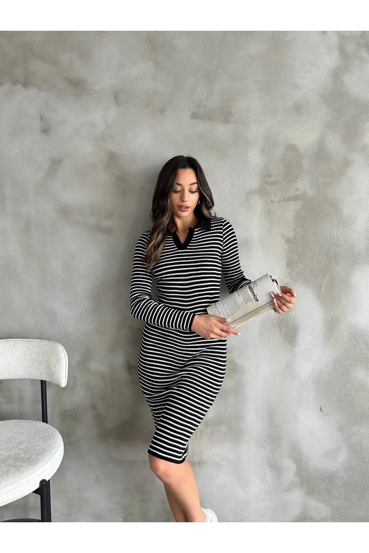 Pullaps Polo Yaka Çizgili Triko Elbise Siyah