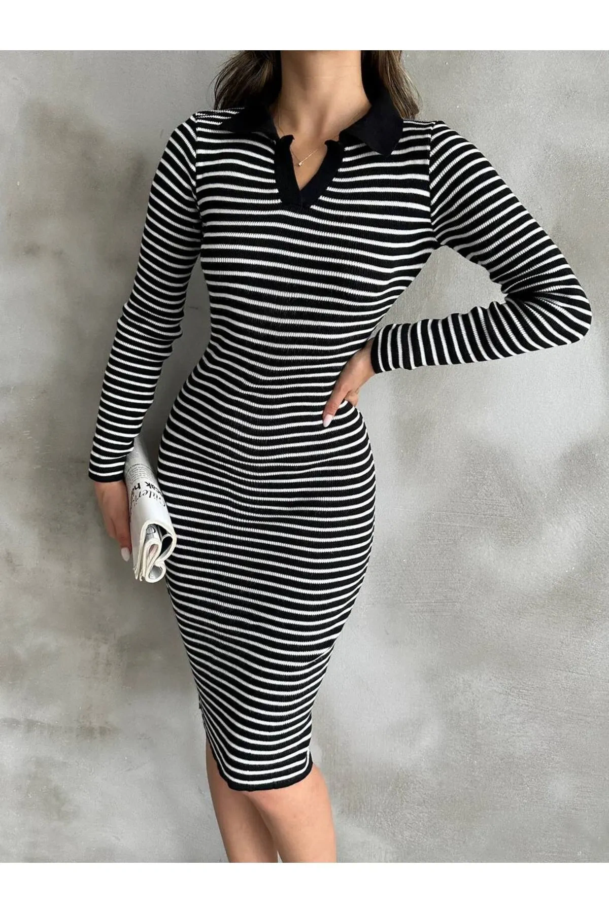 Pullaps Polo Yaka Çizgili Triko Elbise Siyah