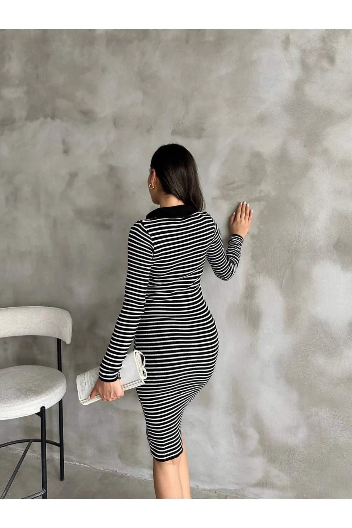 Pullaps Polo Yaka Çizgili Triko Elbise Siyah