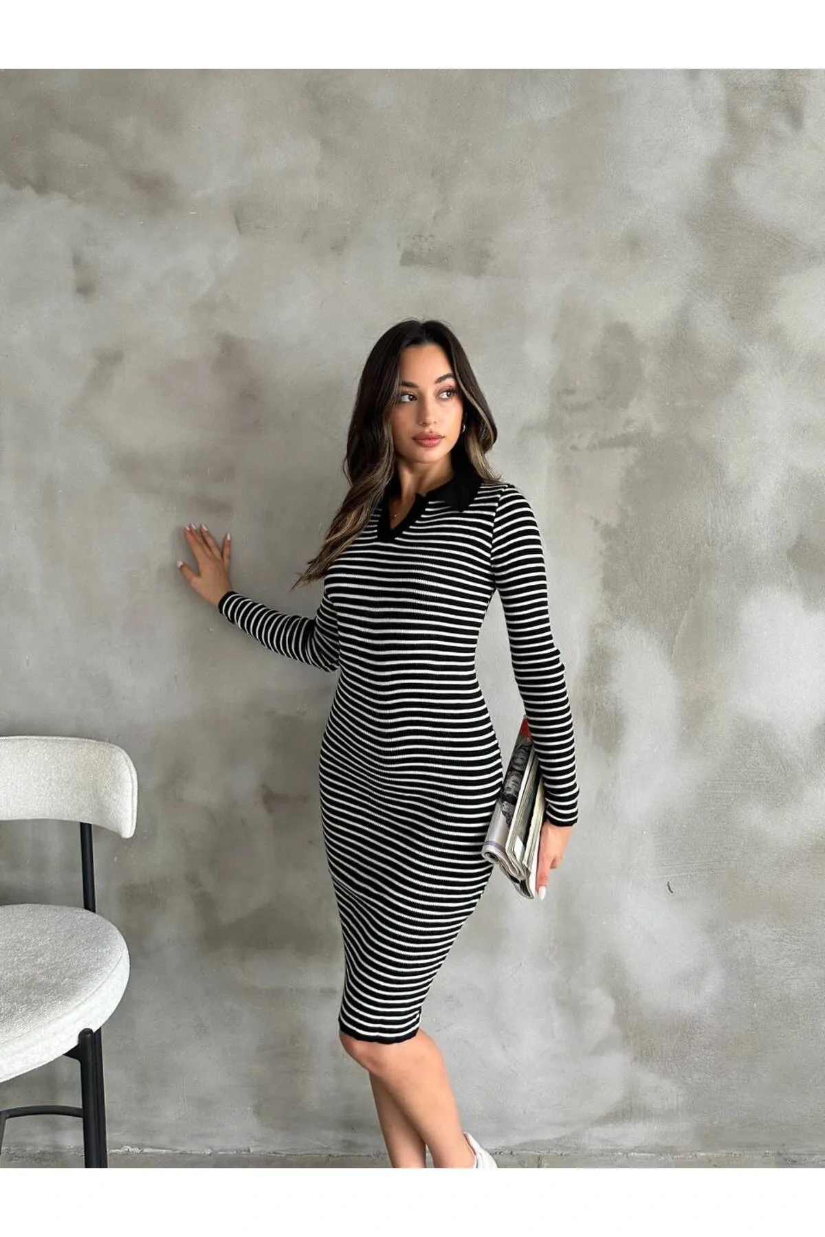 Pullaps Polo Yaka Çizgili Triko Elbise Siyah