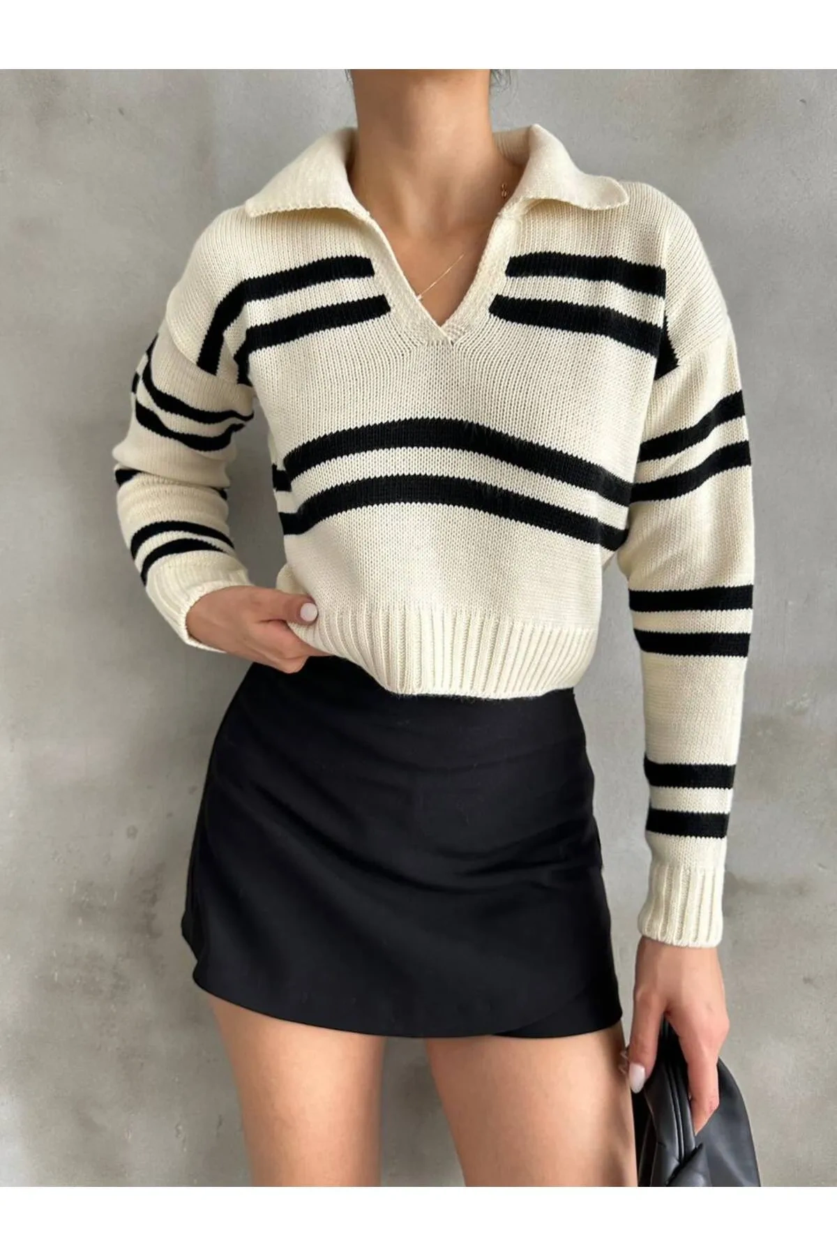 Pullaps Polo Yaka Çizgili Triko Kazak Beyaz