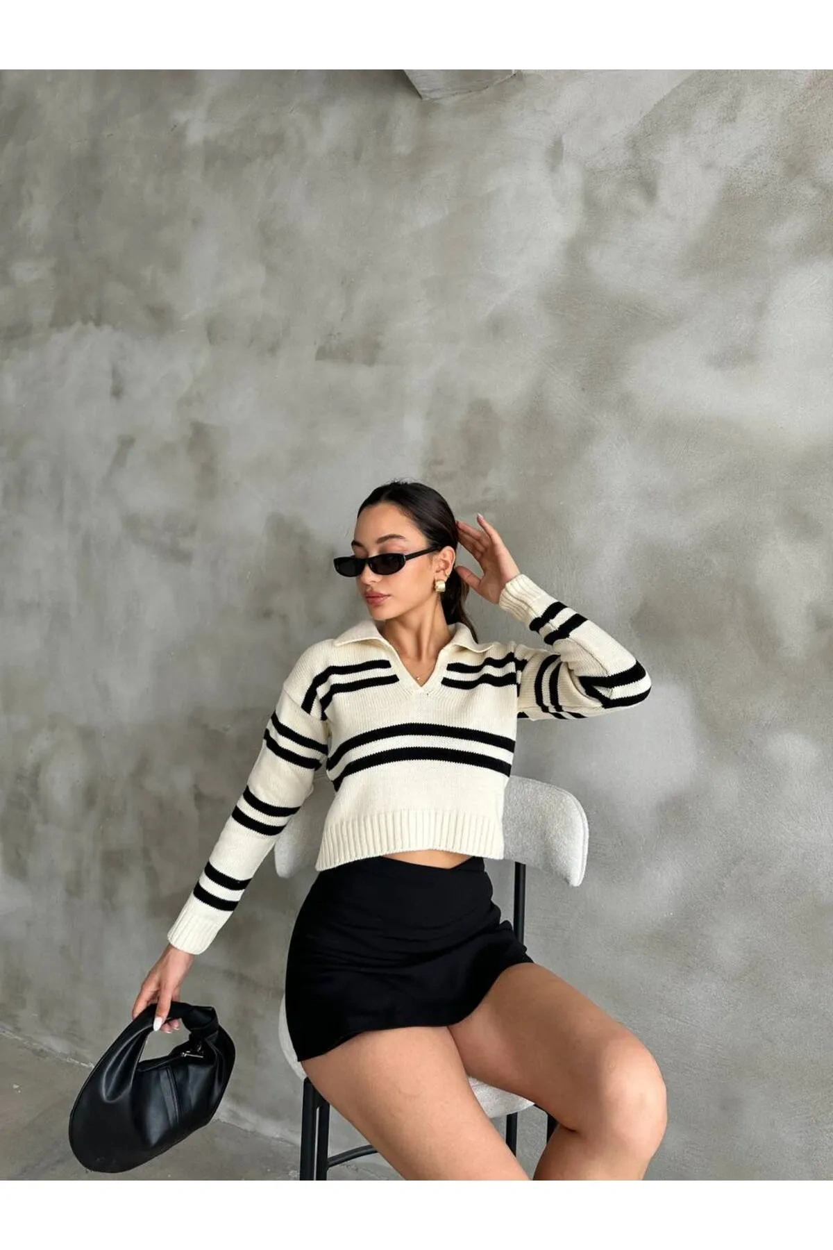 Pullaps Polo Yaka Çizgili Triko Kazak Beyaz