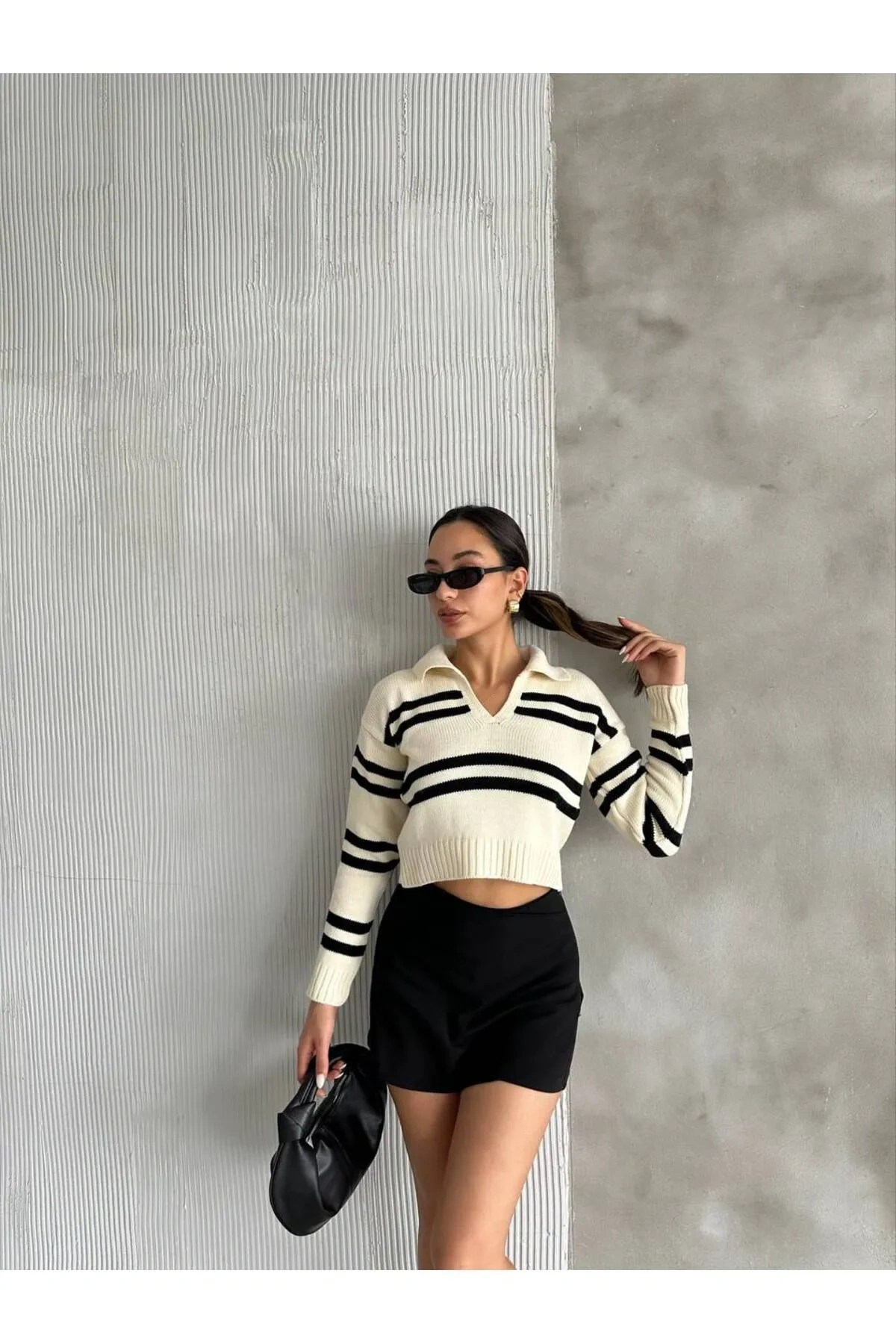 Pullaps Polo Yaka Çizgili Triko Kazak Beyaz