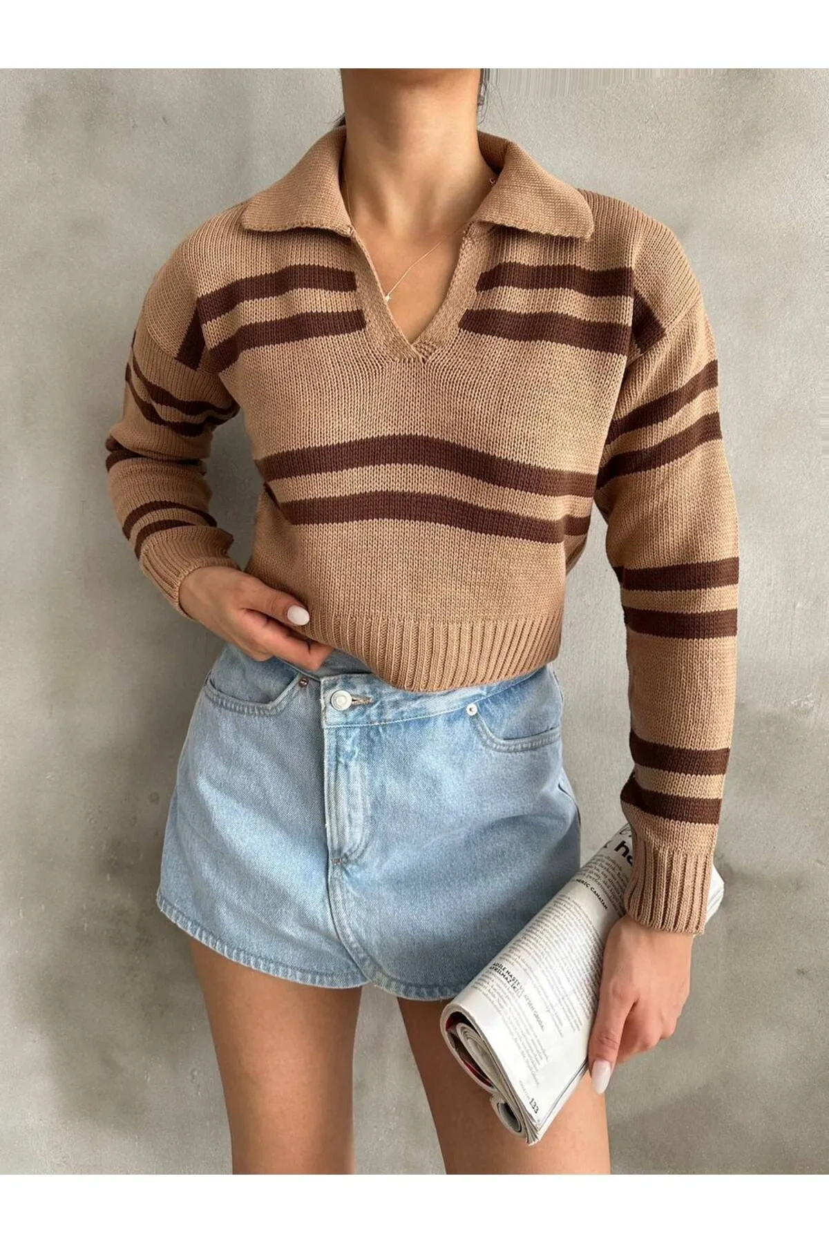 Pullaps Polo Yaka Çizgili Triko Kazak Camel