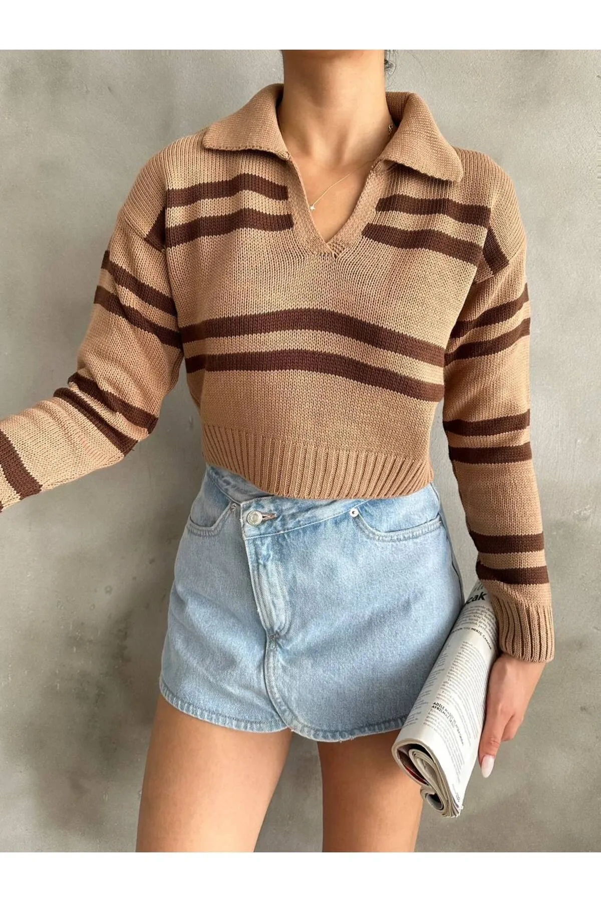 Pullaps Polo Yaka Çizgili Triko Kazak Camel