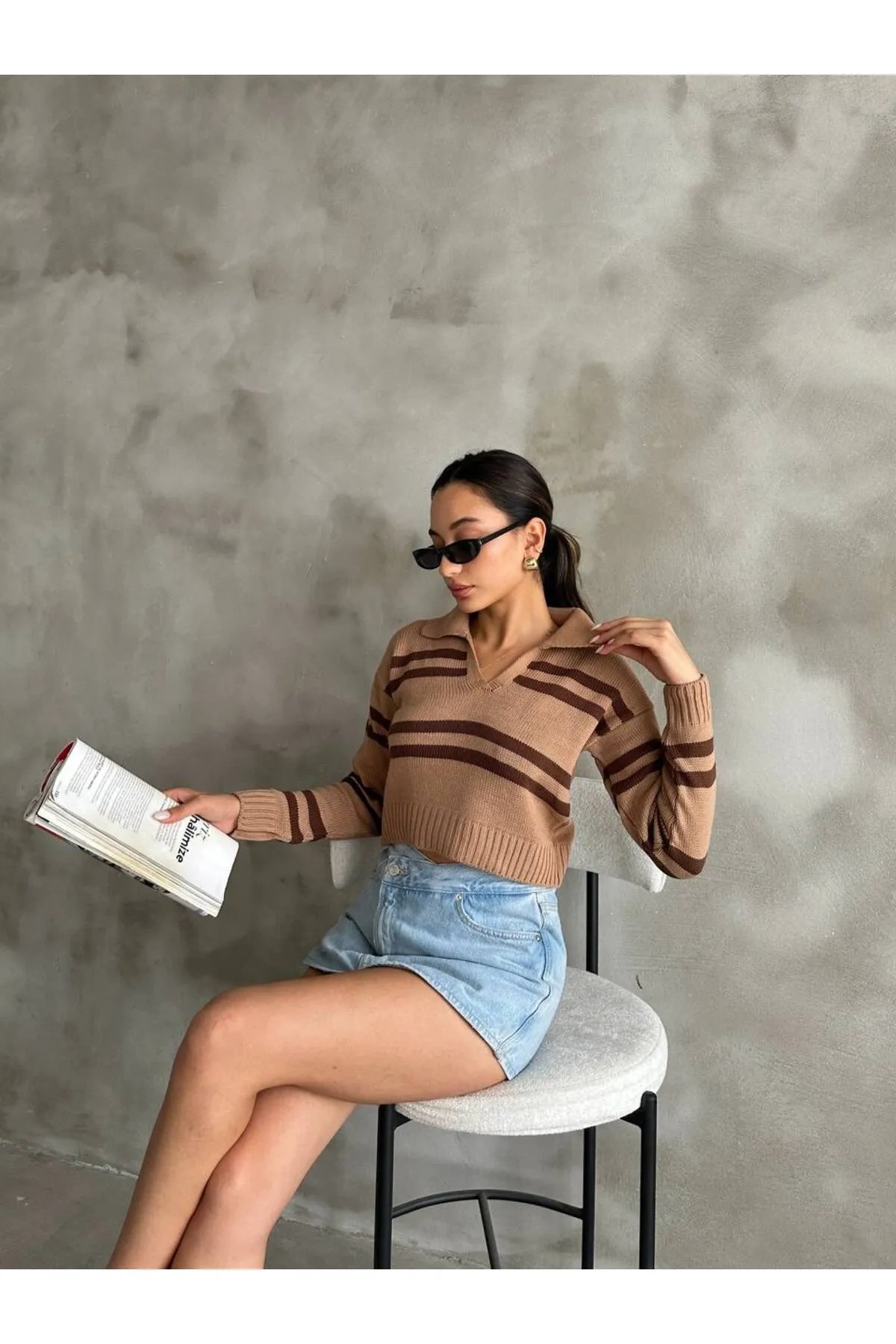 Pullaps Polo Yaka Çizgili Triko Kazak Camel