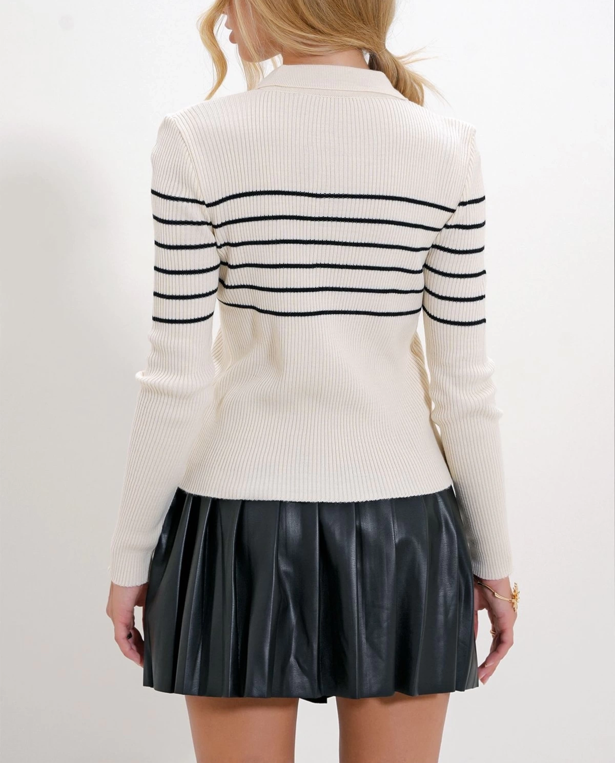 Pullaps Polo Yaka Düğmeli Çizgili Uzun Kol Triko Bluz