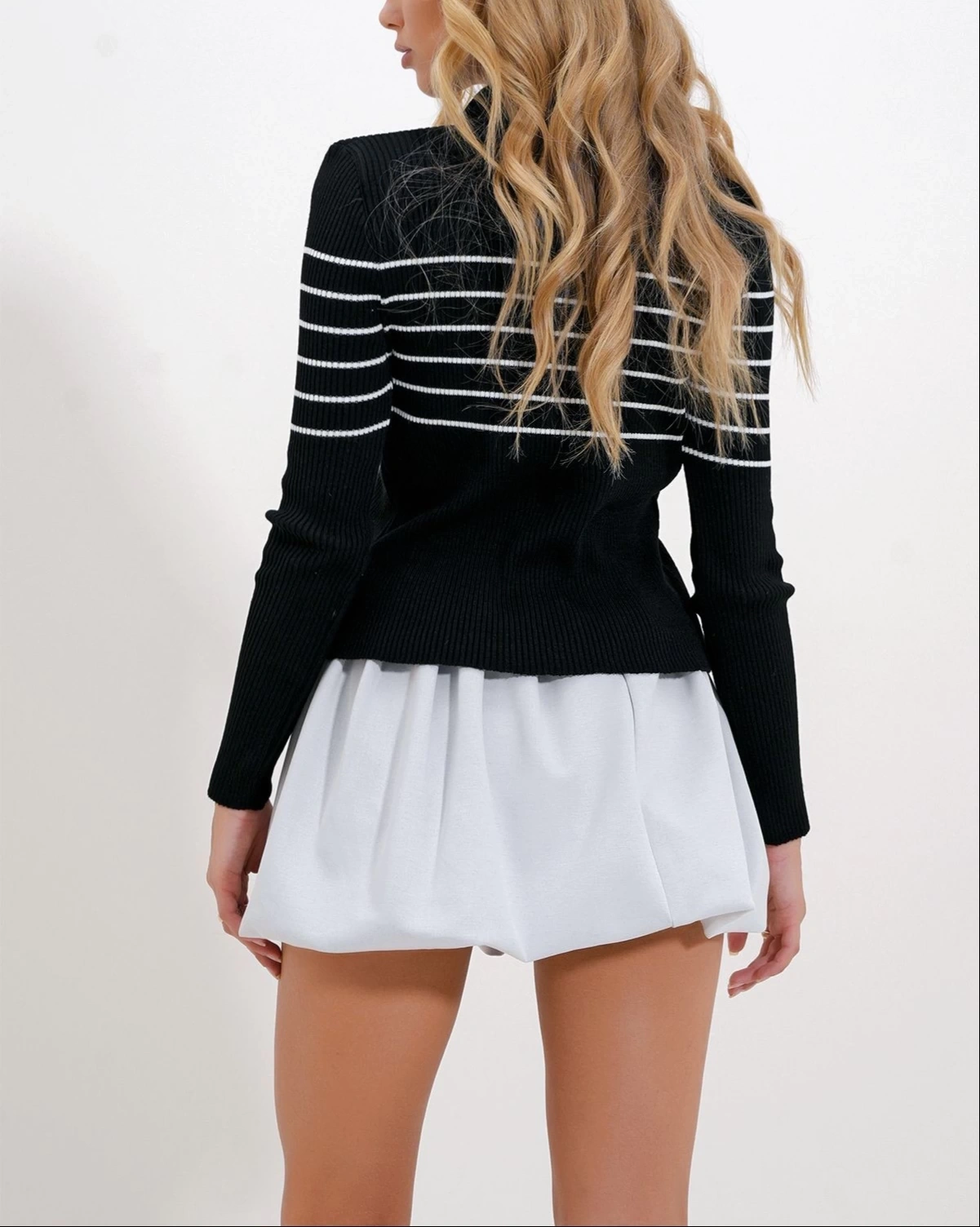 Pullaps Polo Yaka Düğmeli Çizgili Uzun Kol Triko Bluz Siyah