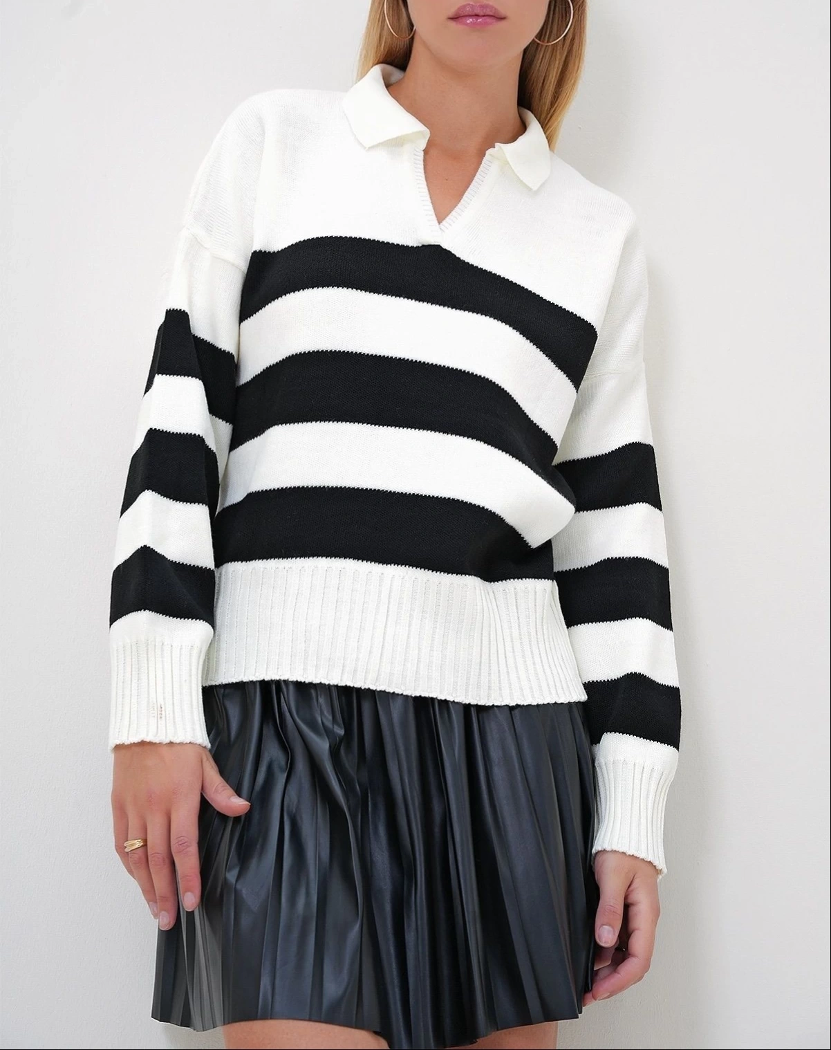 Pullaps Polo Yaka Yarım Pat Renk Bloklu Kazak Bej