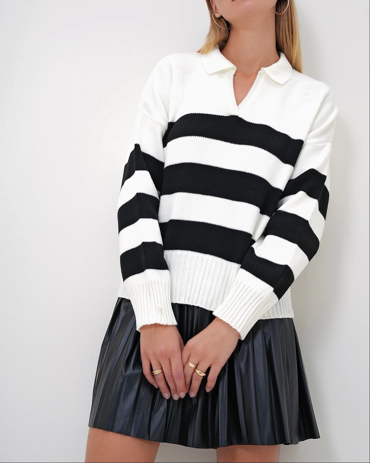 Pullaps Polo Yaka Yarım Pat Renk Bloklu Kazak Bej