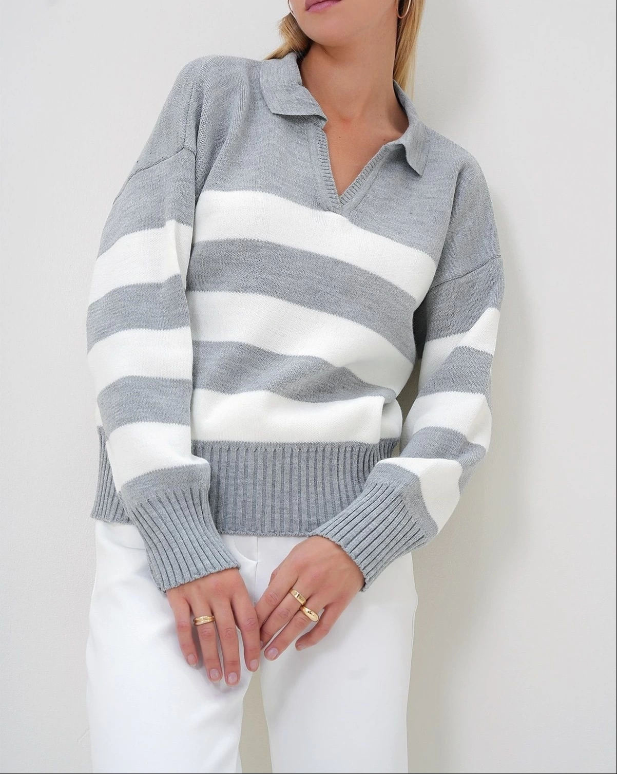 Pullaps Polo Yaka Yarım Pat Renk Bloklu Kazak Gri