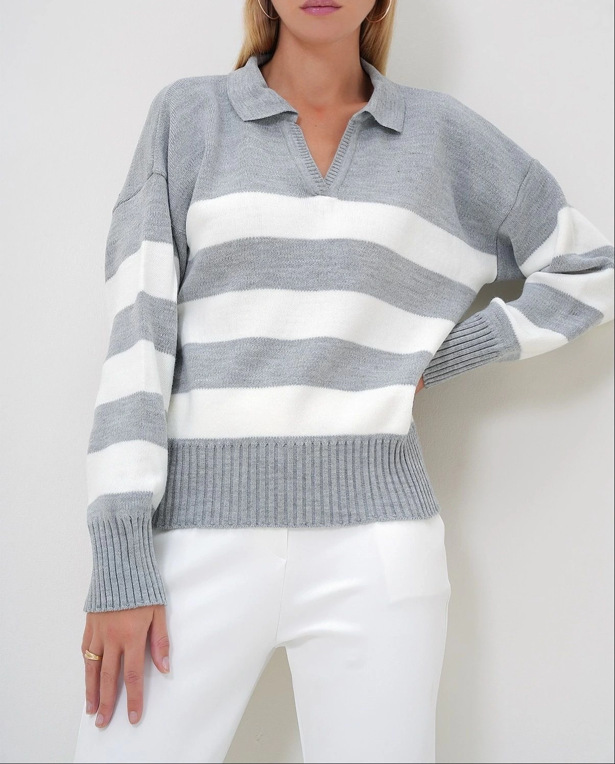 Pullaps Polo Yaka Yarım Pat Renk Bloklu Kazak Gri