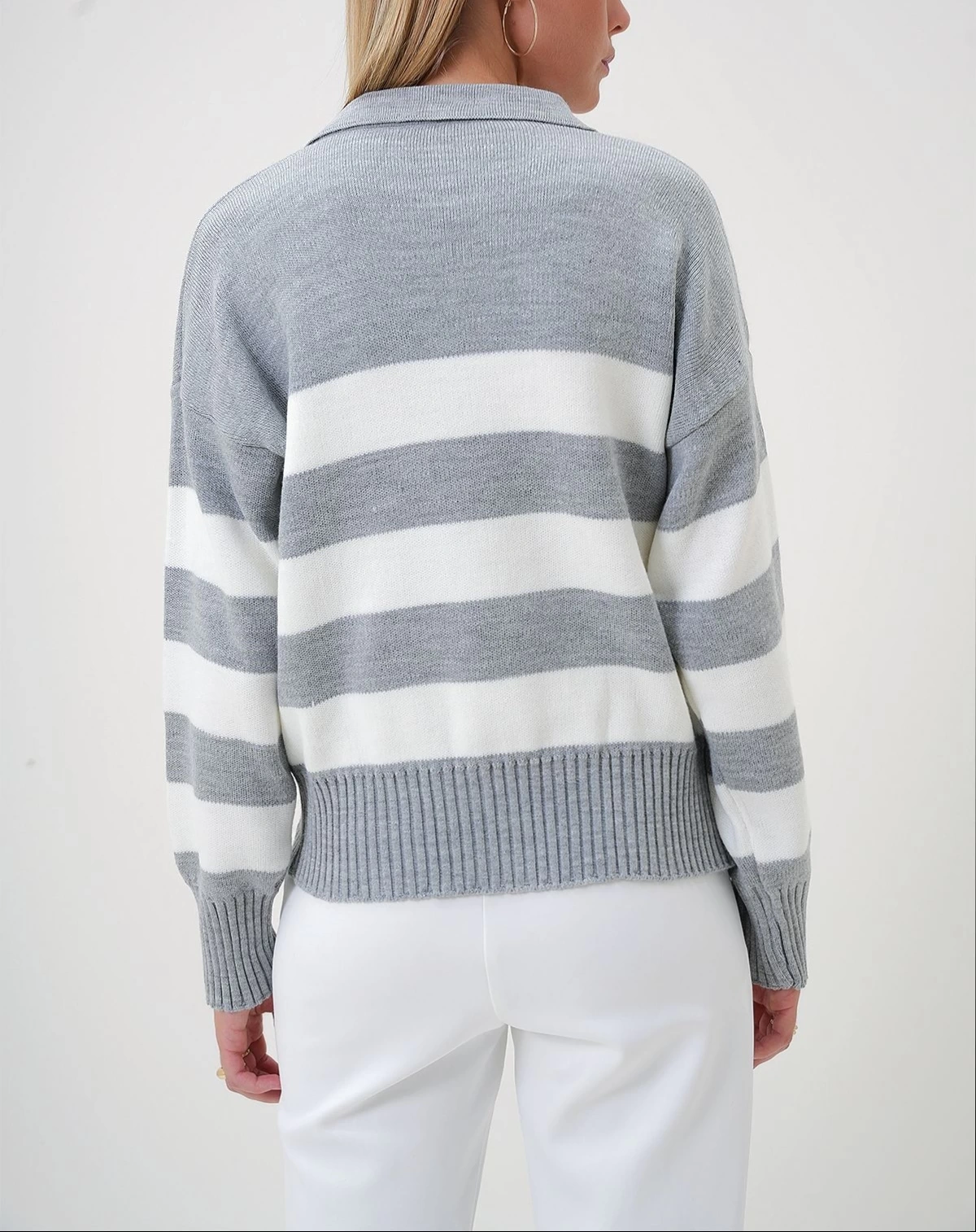 Pullaps Polo Yaka Yarım Pat Renk Bloklu Kazak Gri