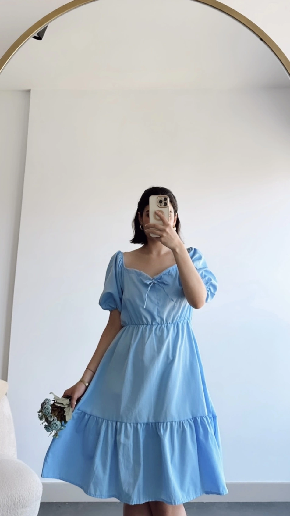 Pullaps Poplin Kumaş Balon Kol Elbise Mavi