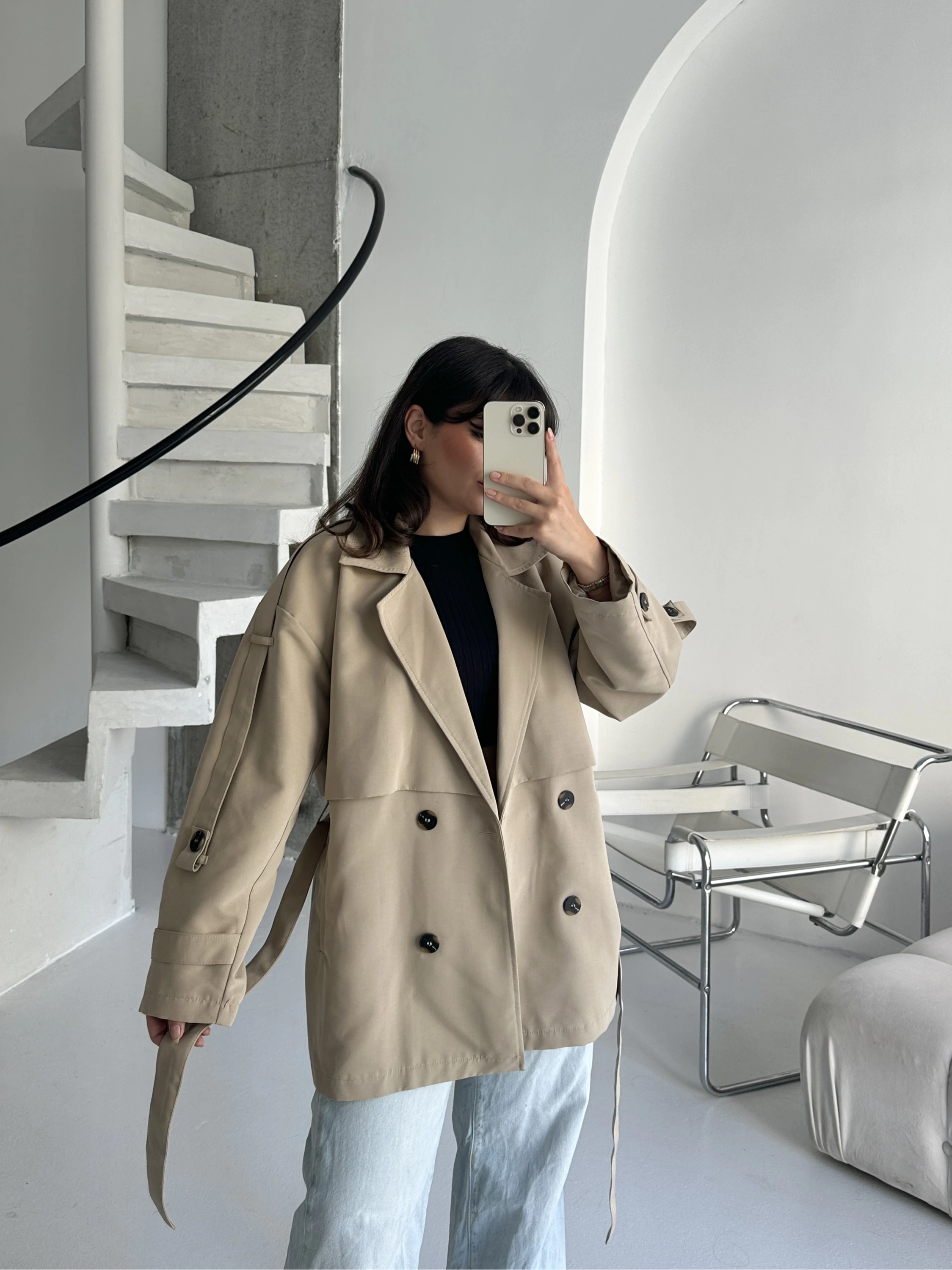 Pullaps Premium Seri Lüx Poliviskon Oversize Trençkot Bej