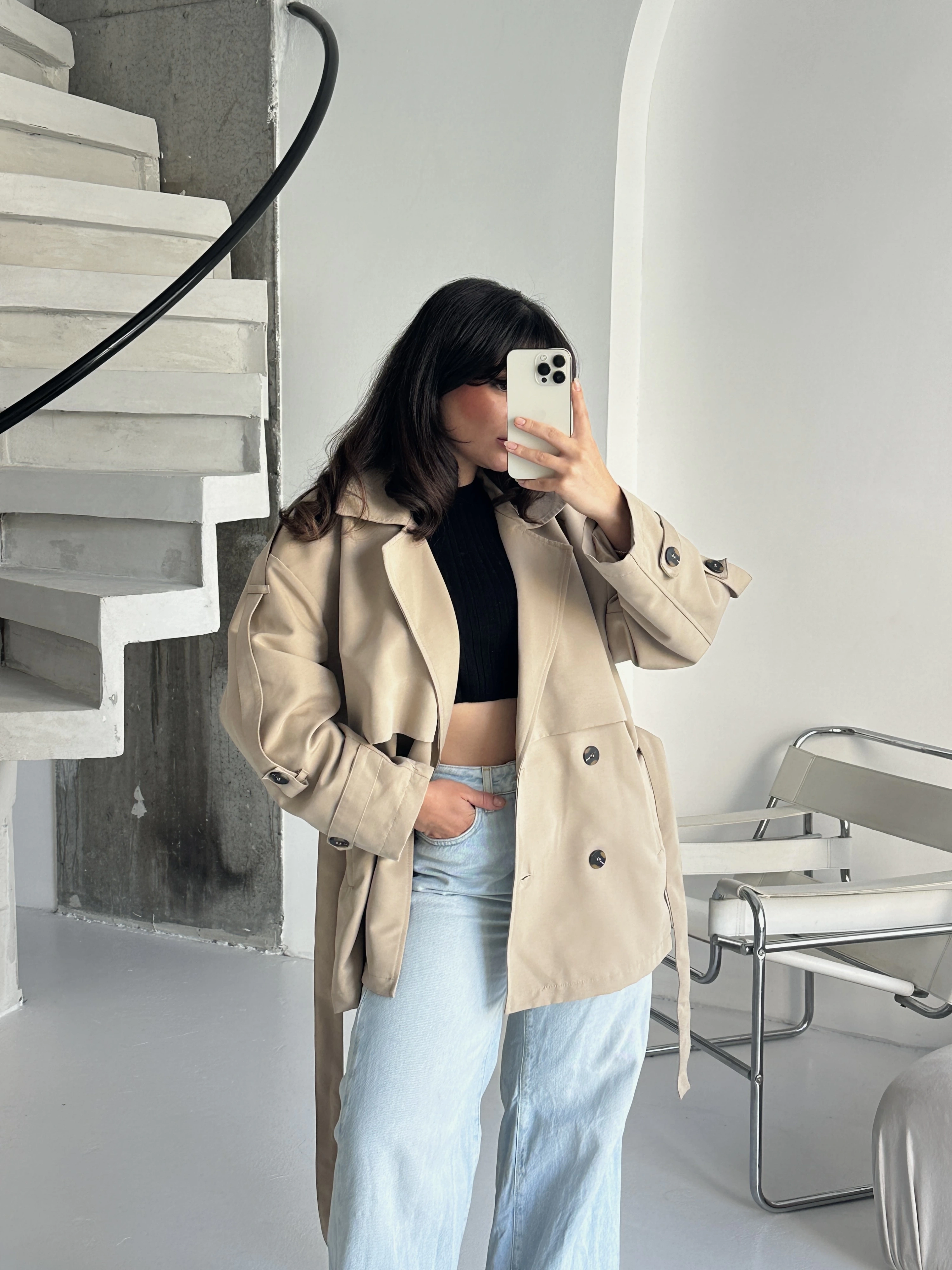 Pullaps Premium Seri Lüx Poliviskon Oversize Trençkot Bej