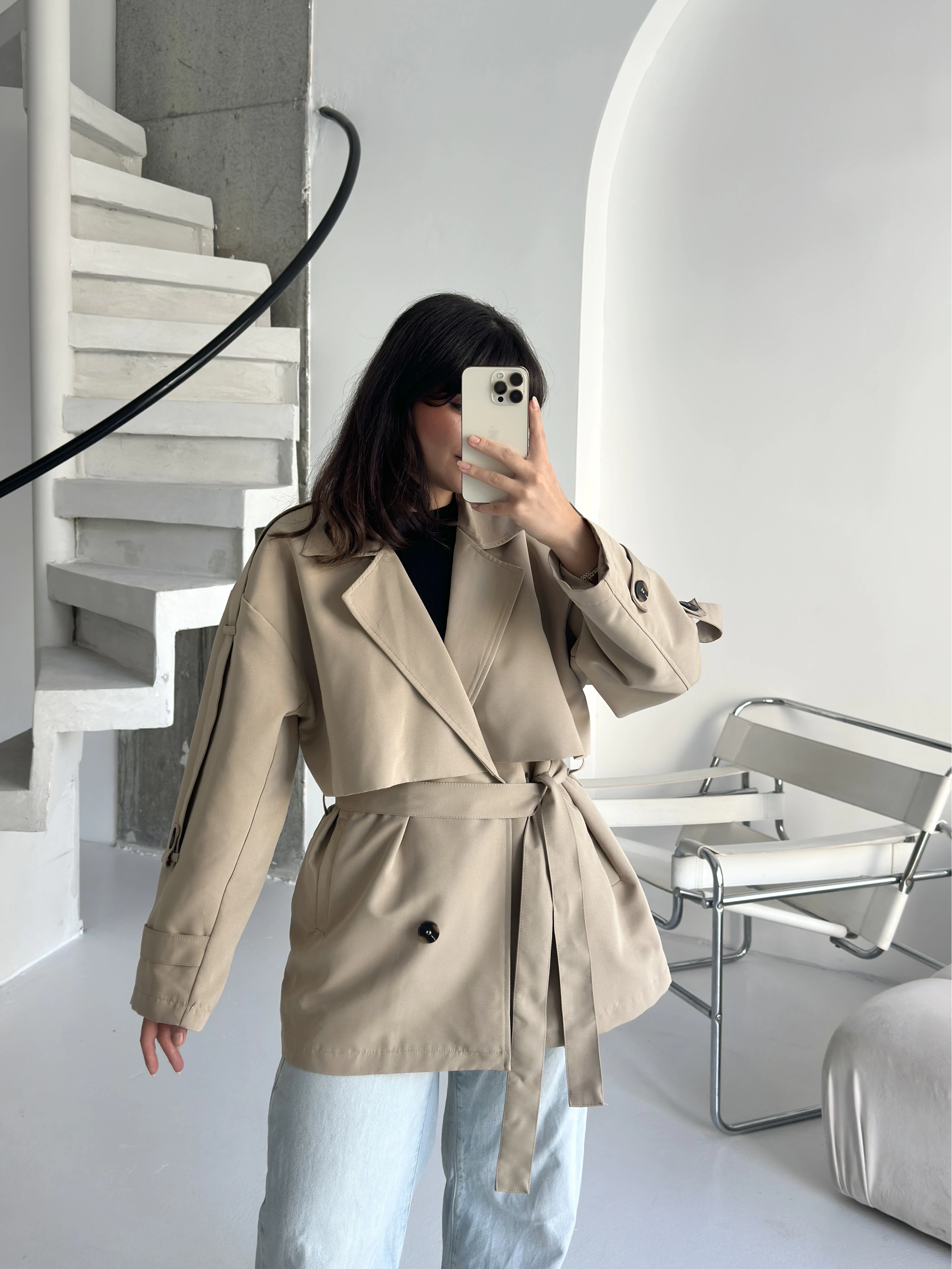 Pullaps Premium Seri Lüx Poliviskon Oversize Trençkot Bej