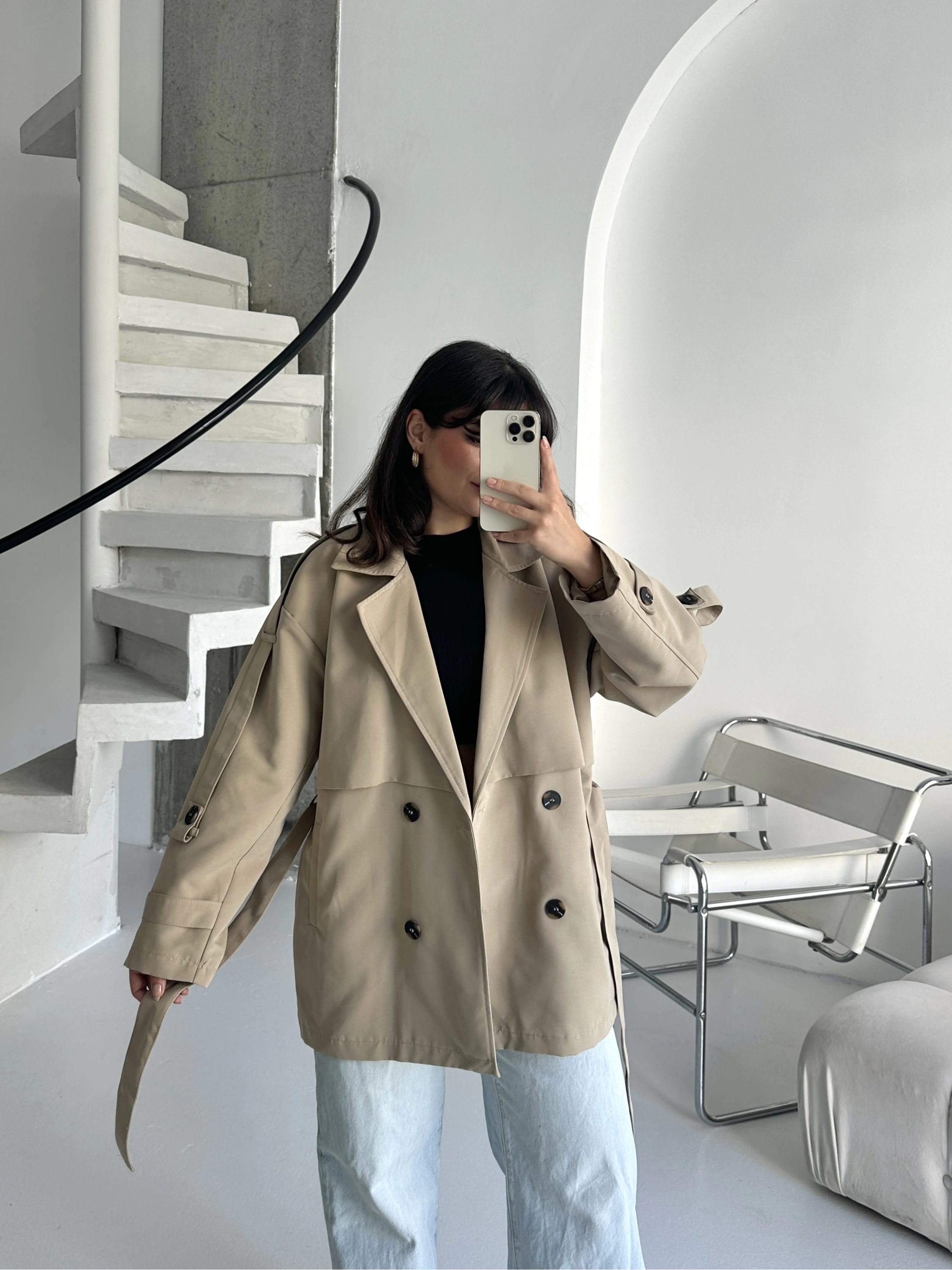 Pullaps Premium Seri Lüx Poliviskon Oversize Trençkot Bej