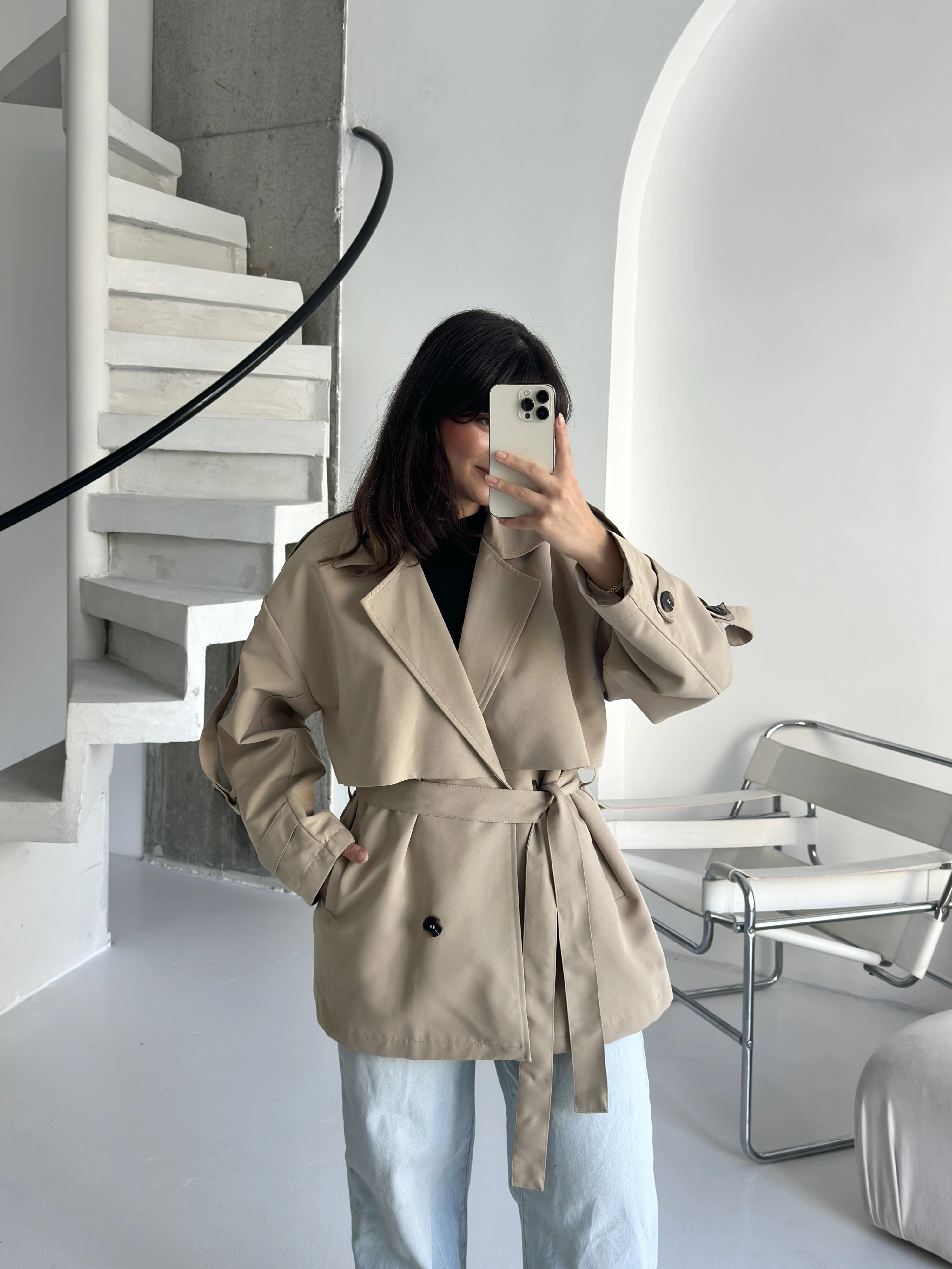 Pullaps Premium Seri Lüx Poliviskon Oversize Trençkot Bej