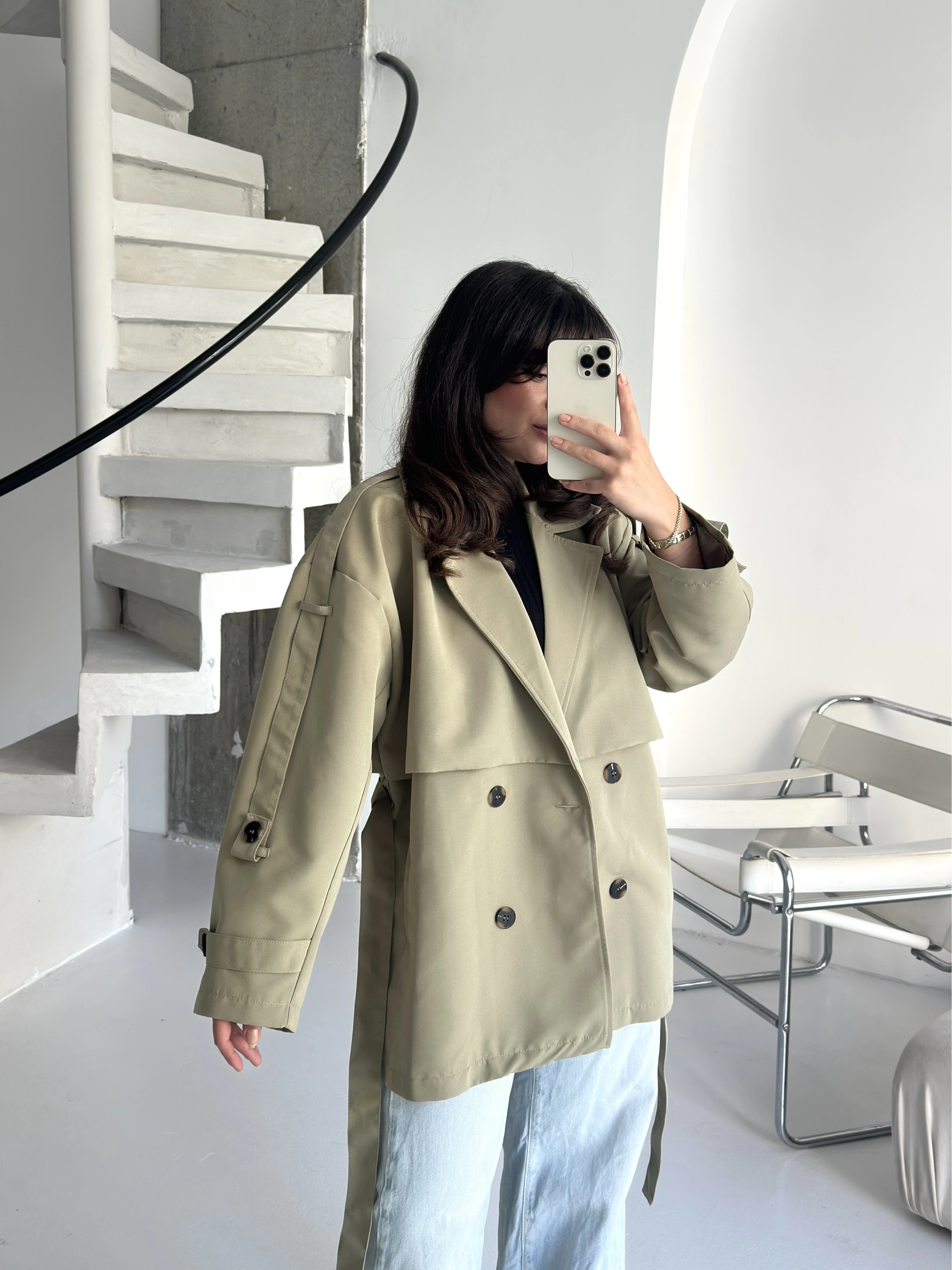 Pullaps Premium Seri Lüx Poliviskon Oversize Trençkot Haki