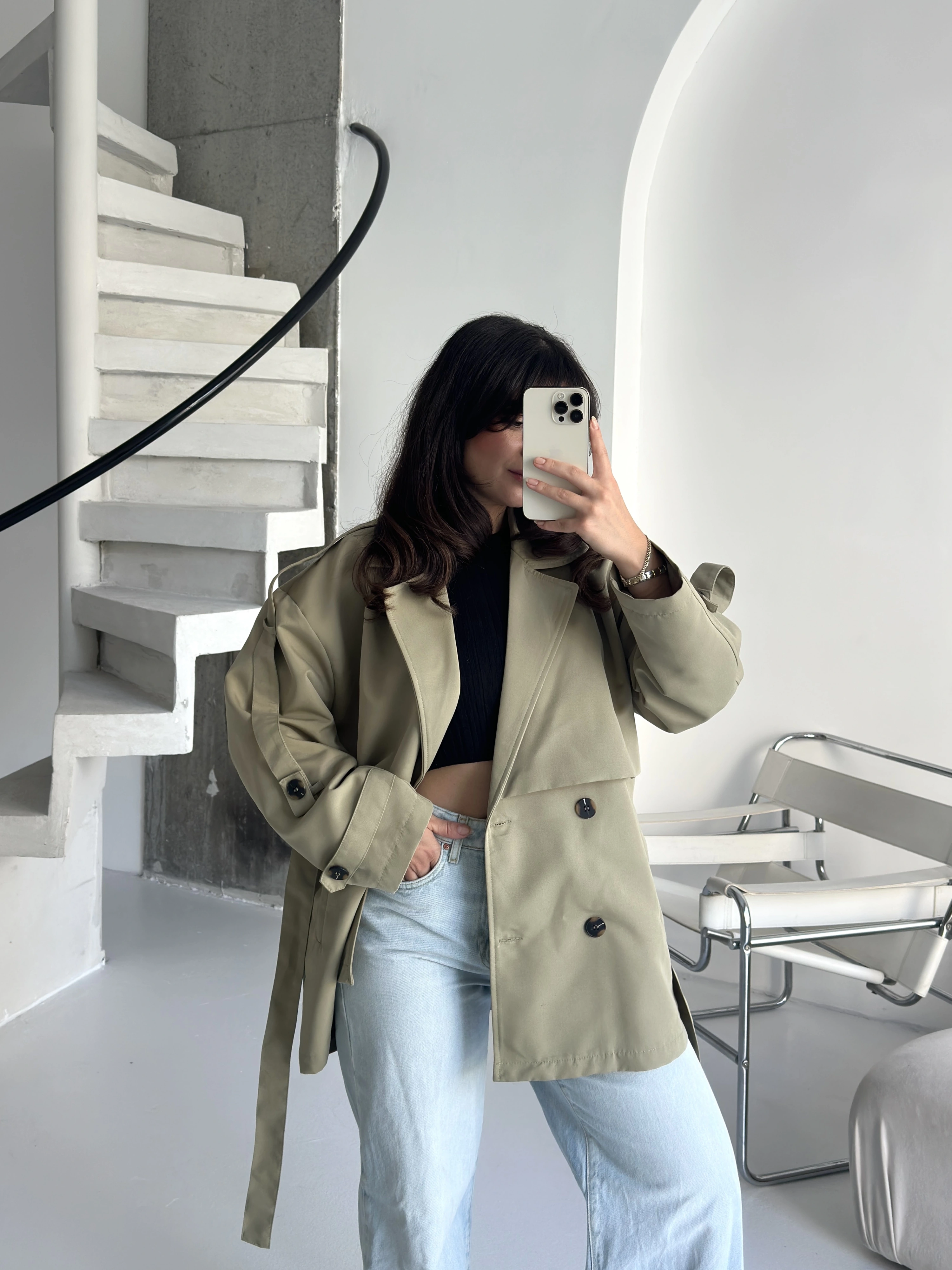 Pullaps Premium Seri Lüx Poliviskon Oversize Trençkot Haki