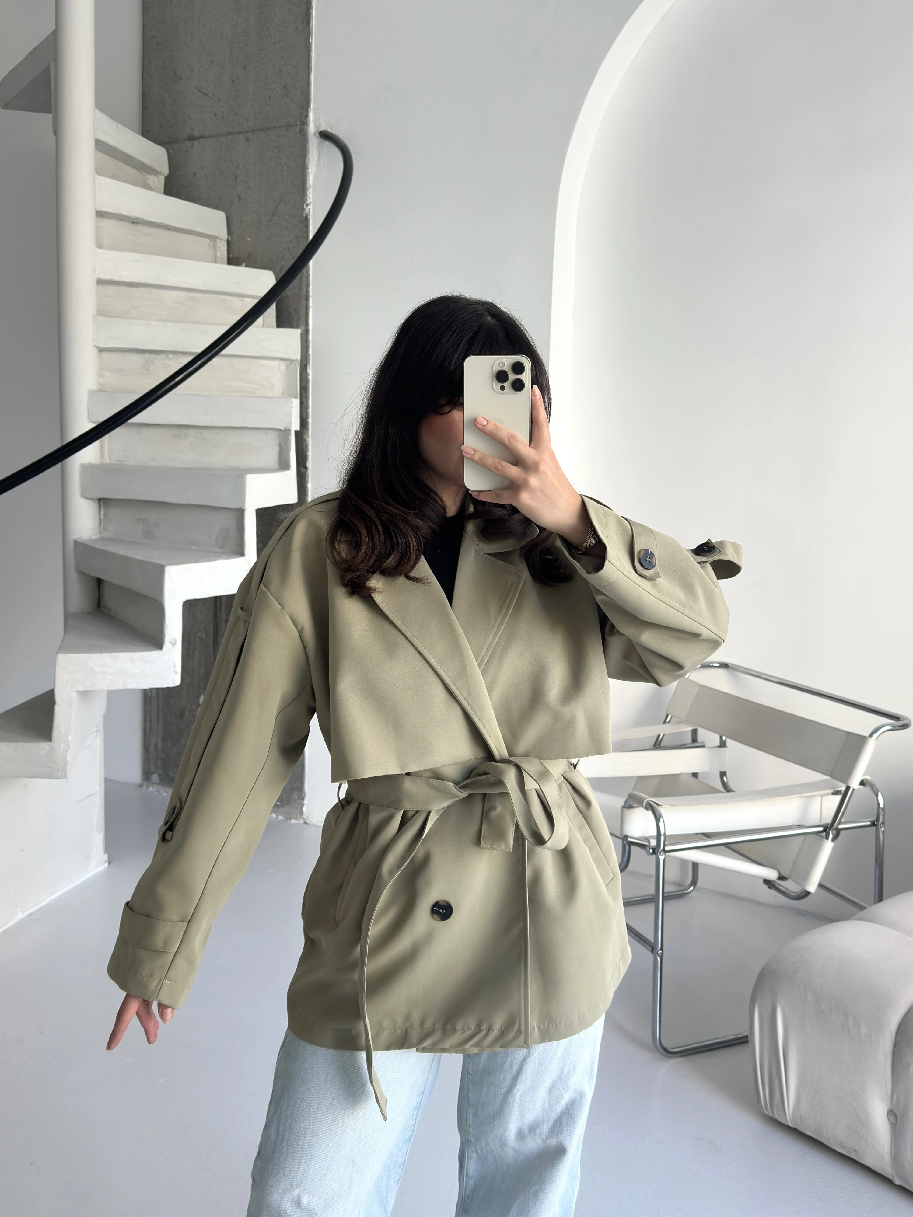 Pullaps Premium Seri Lüx Poliviskon Oversize Trençkot Haki