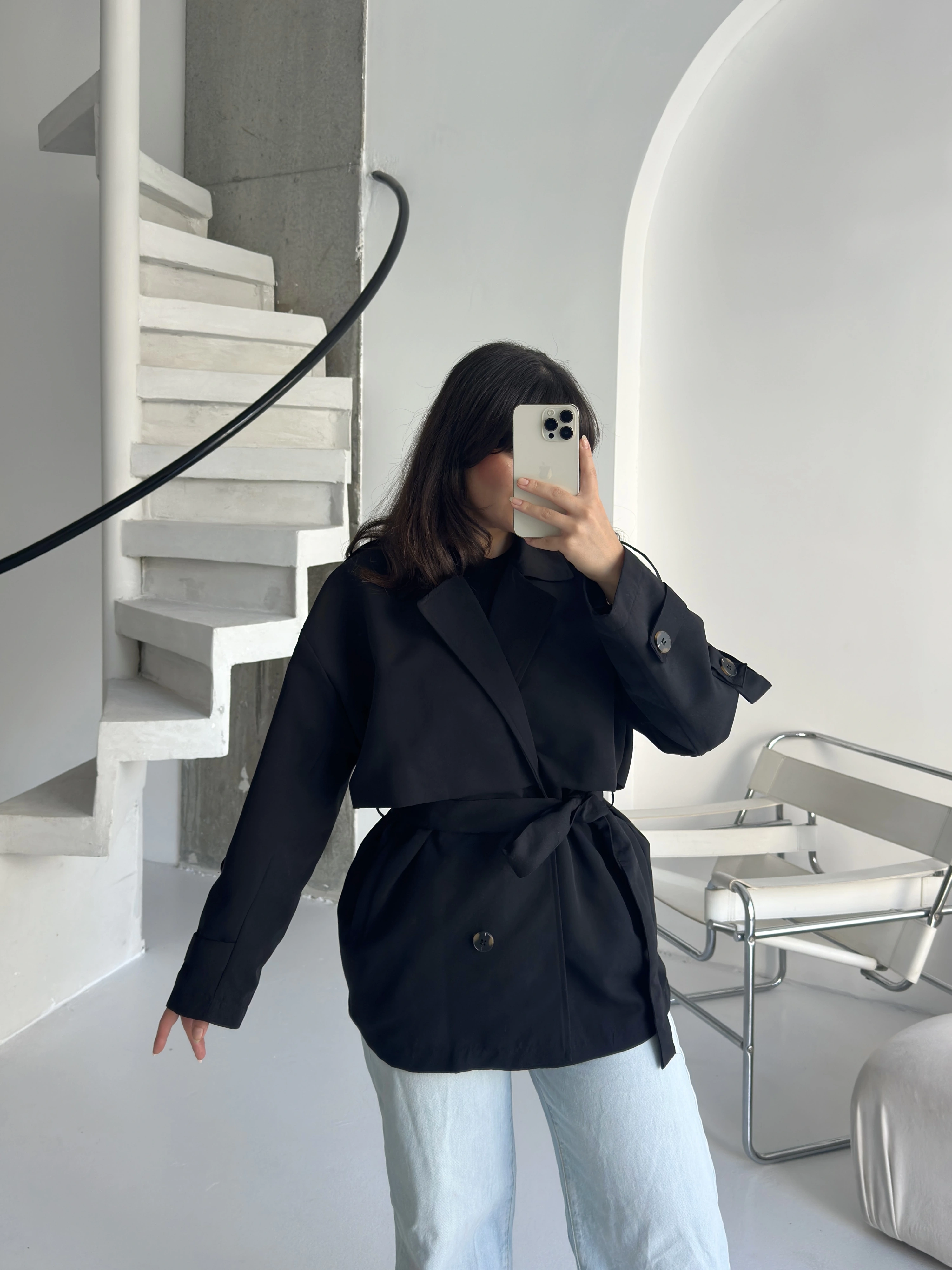 Pullaps Premium Seri Lüx Poliviskon Oversize Trençkot Siyah